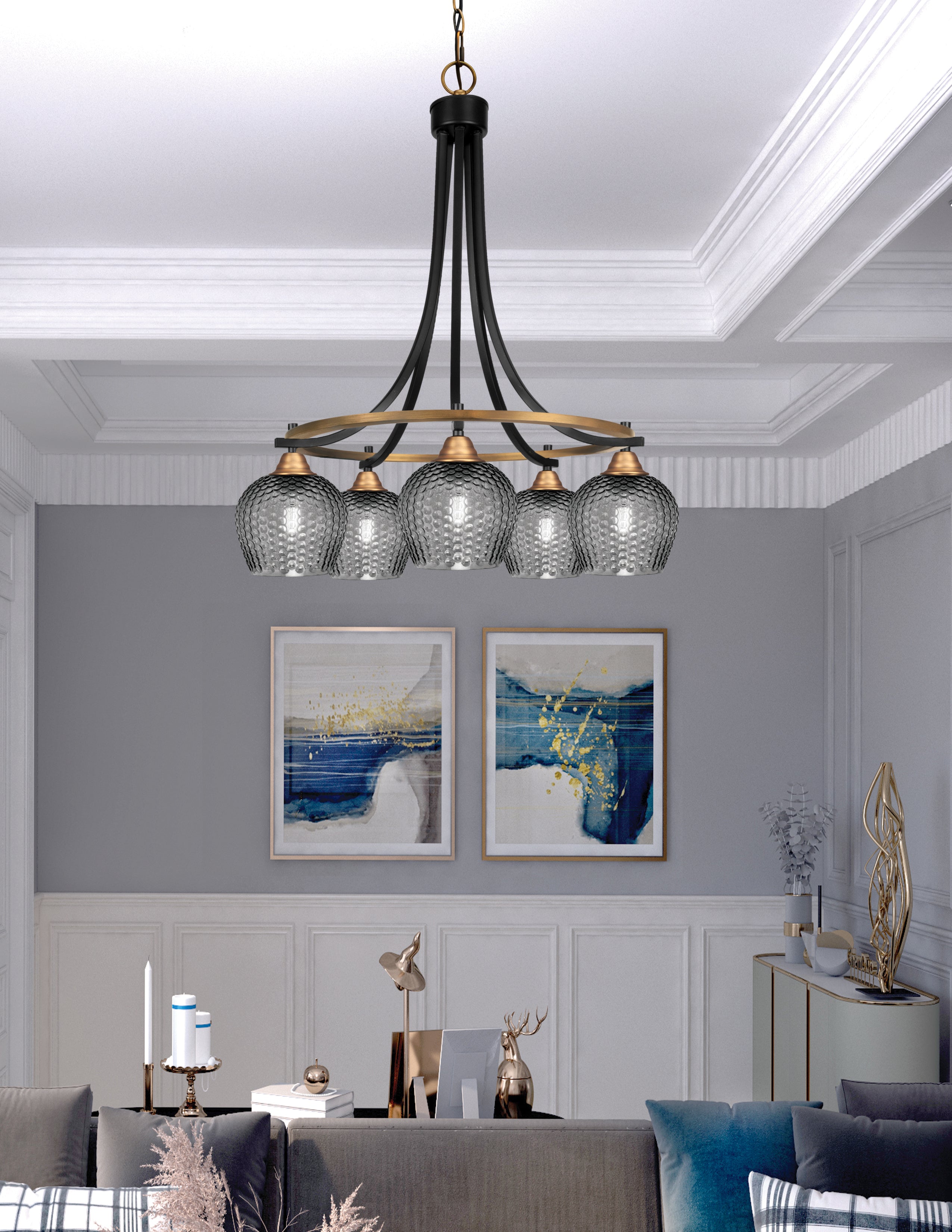 Paramount Five Light Chandelier in Matte Black & Brass with Smoke Textured Shade