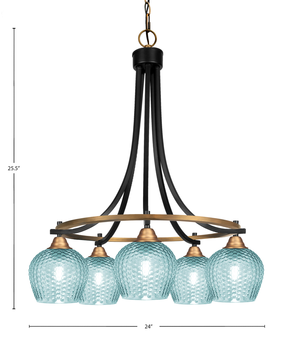 Paramount Five Light Chandelier in Matte Black & Brass with Turquoise Textured Shade