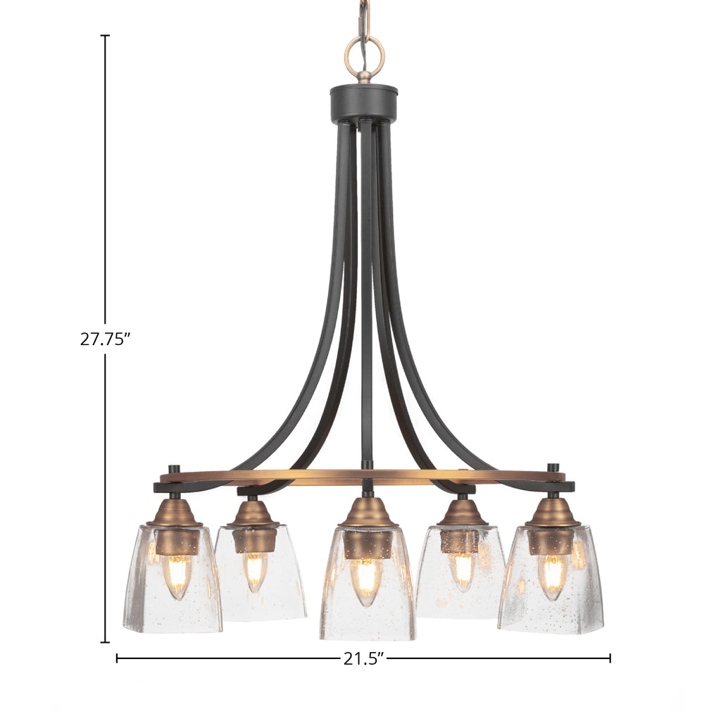 Paramount Five Light Chandelier in Matte Black & Brass with 4.5" Square Clear Bubble Shade