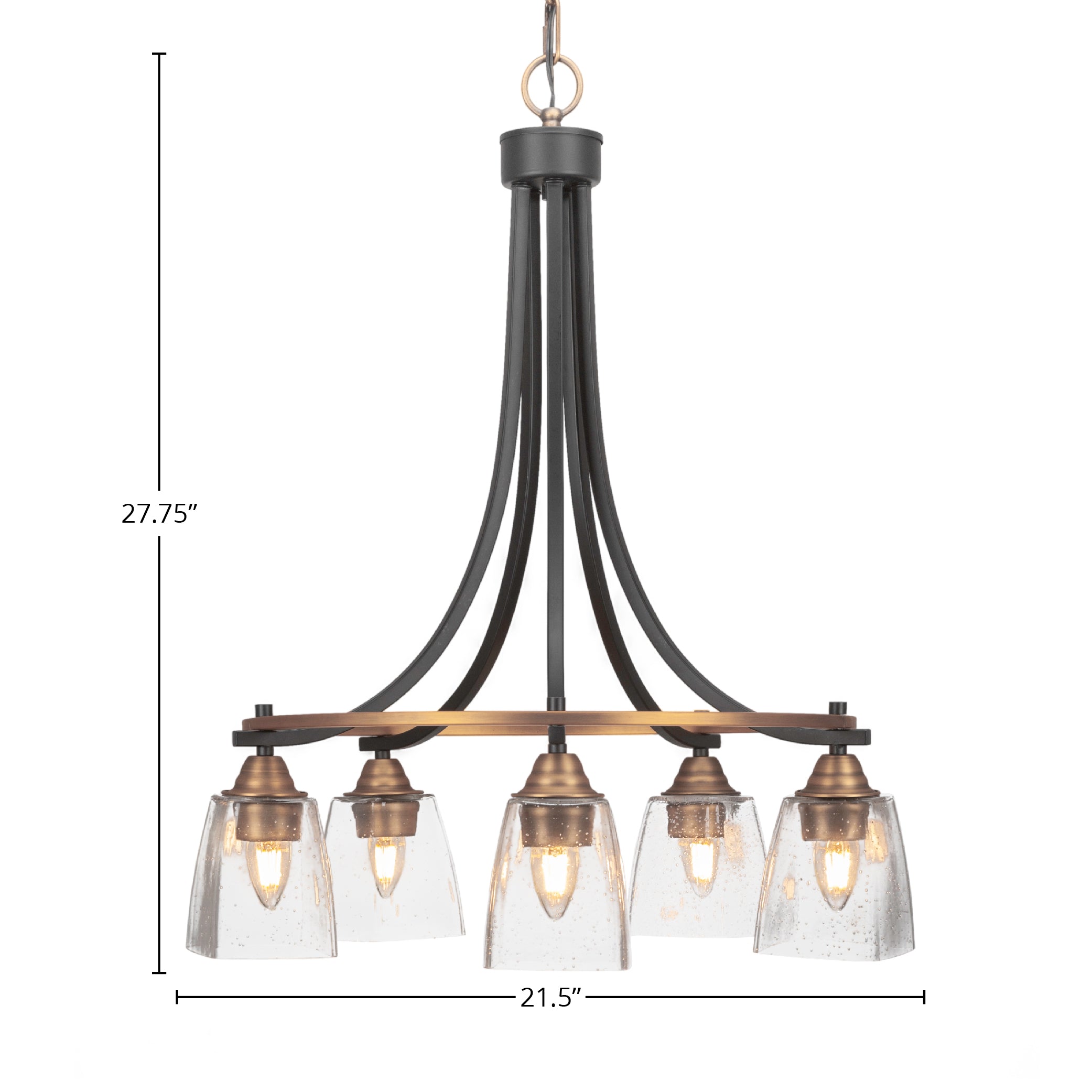 Paramount Five Light Chandelier in Matte Black & Brass with 4.5" Square Clear Bubble Shade