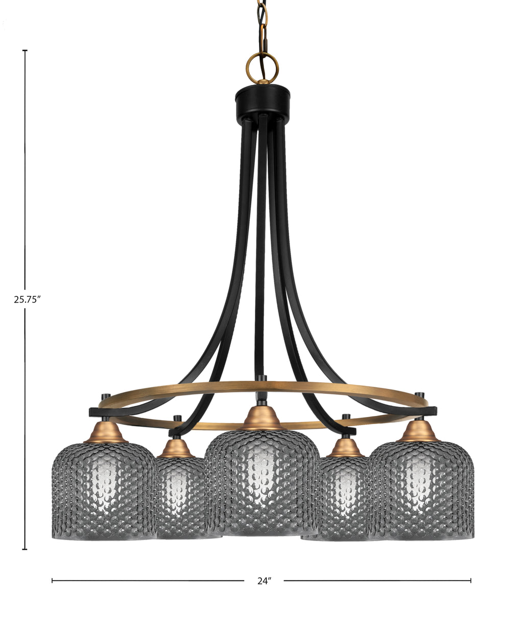 Paramount Five Light Chandelier in Matte Black & Brass with Smoke Textured Shade