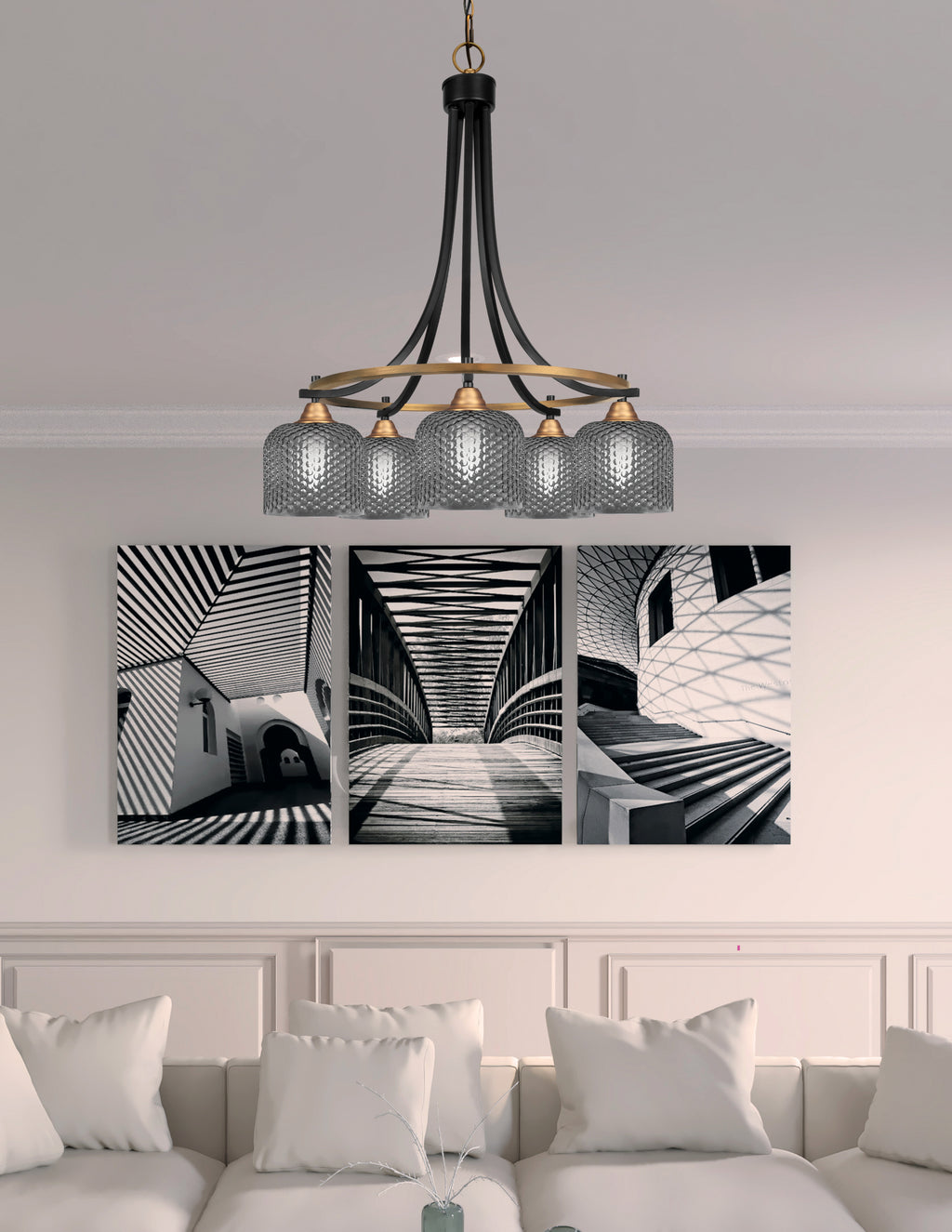 Paramount Five Light Chandelier in Matte Black & Brass with Smoke Textured Shade