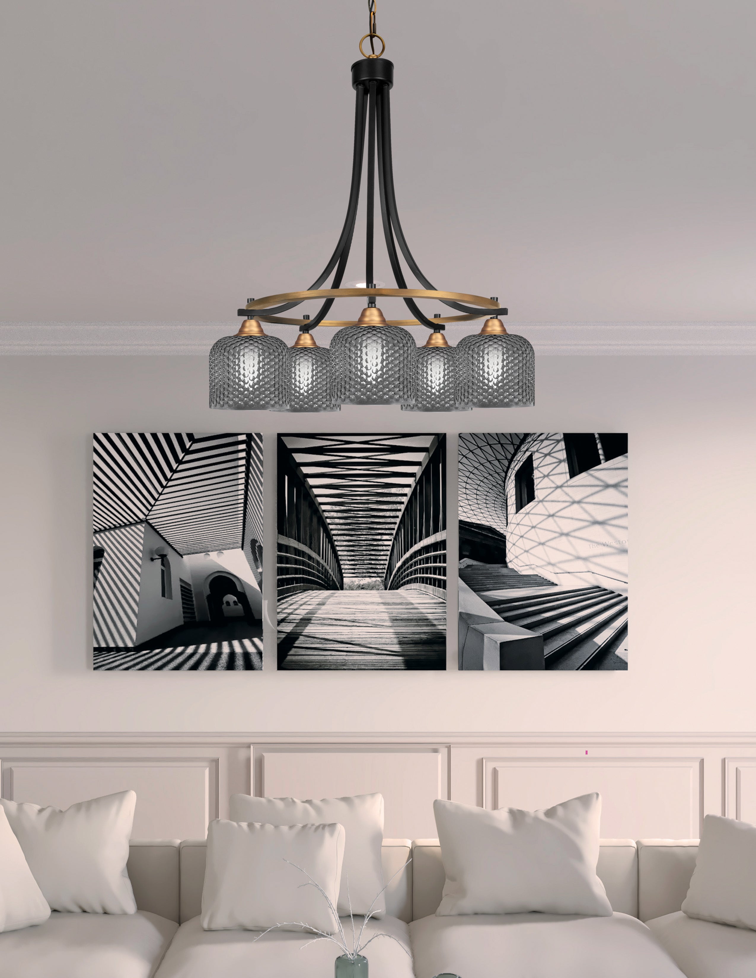Paramount Five Light Chandelier in Matte Black & Brass with Smoke Textured Shade