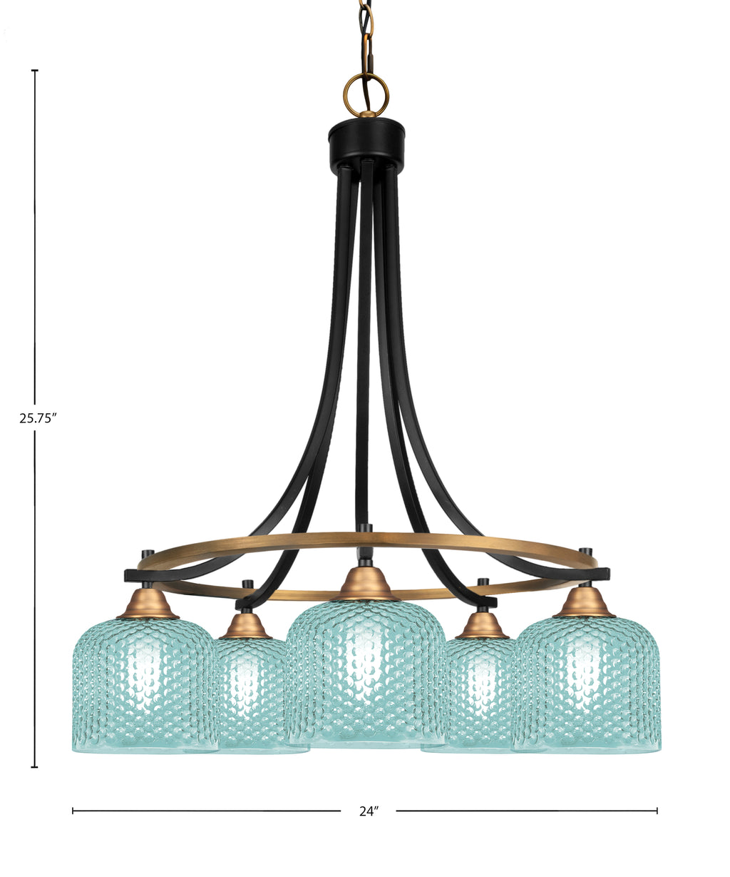 Paramount Five Light Chandelier in Matte Black & Brass with Turquoise Textured Shade