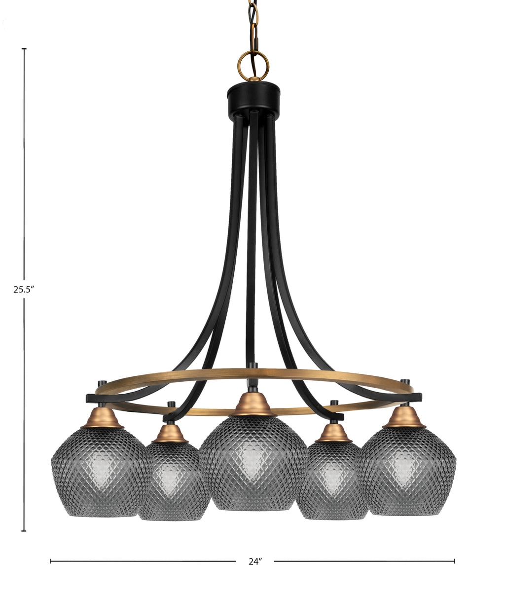 Paramount Five Light Chandelier in Matte Black & Brass with Smoke Textured Shade