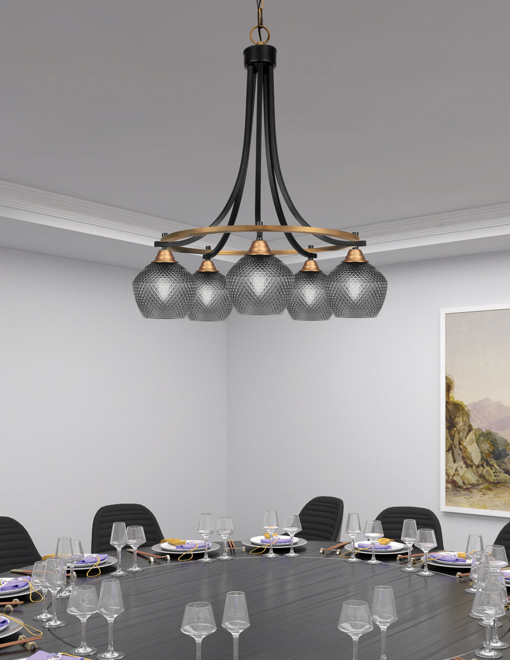 Paramount Five Light Chandelier in Matte Black & Brass with Smoke Textured Shade