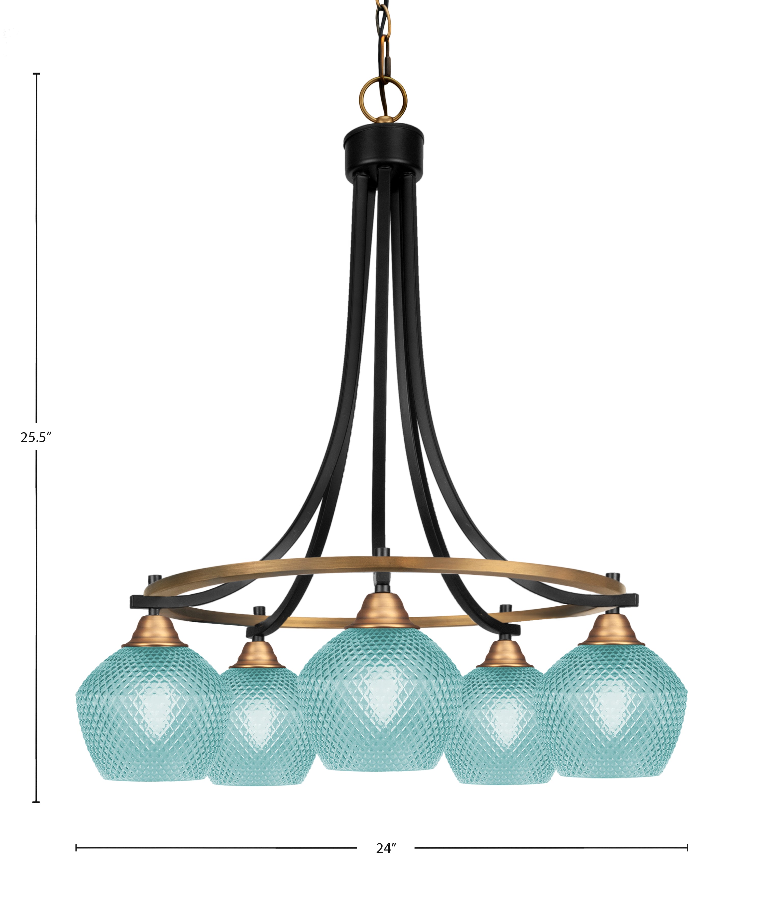 Paramount Five Light Chandelier in Matte Black & Brass with Turquoise Textured Shade