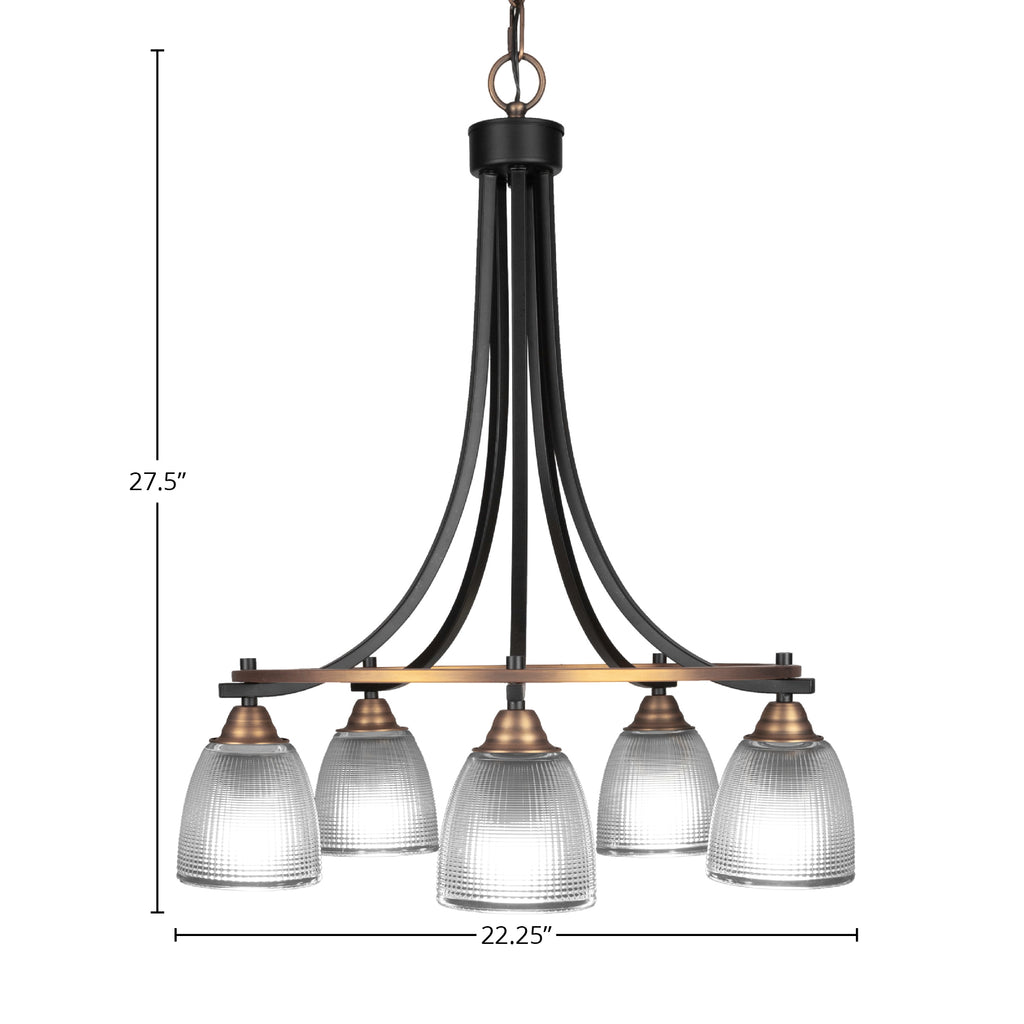 Paramount Five Light Chandelier in Matte Black & Brass with 5" Clear Ribbed Shade