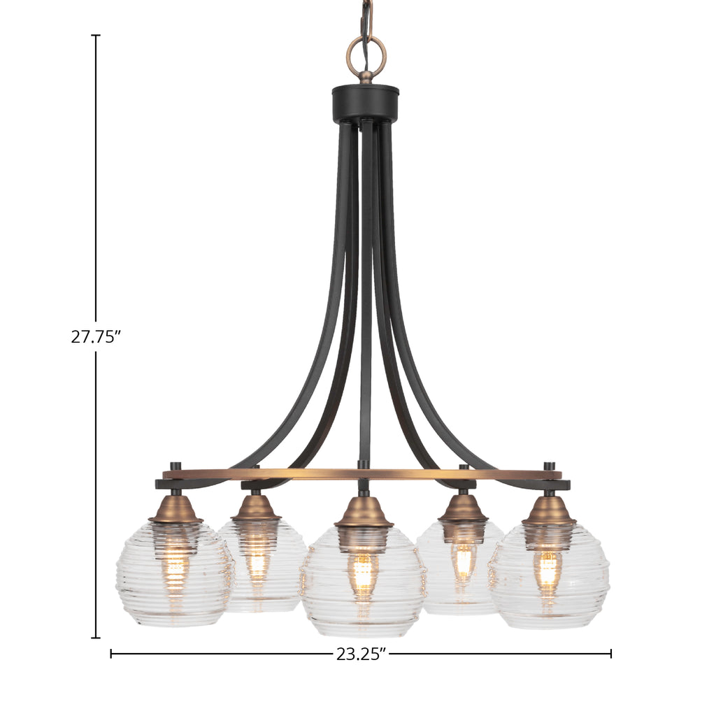 Paramount Five Light Chandelier in Matte Black & Brass with 6" Clear Ribbed Shade