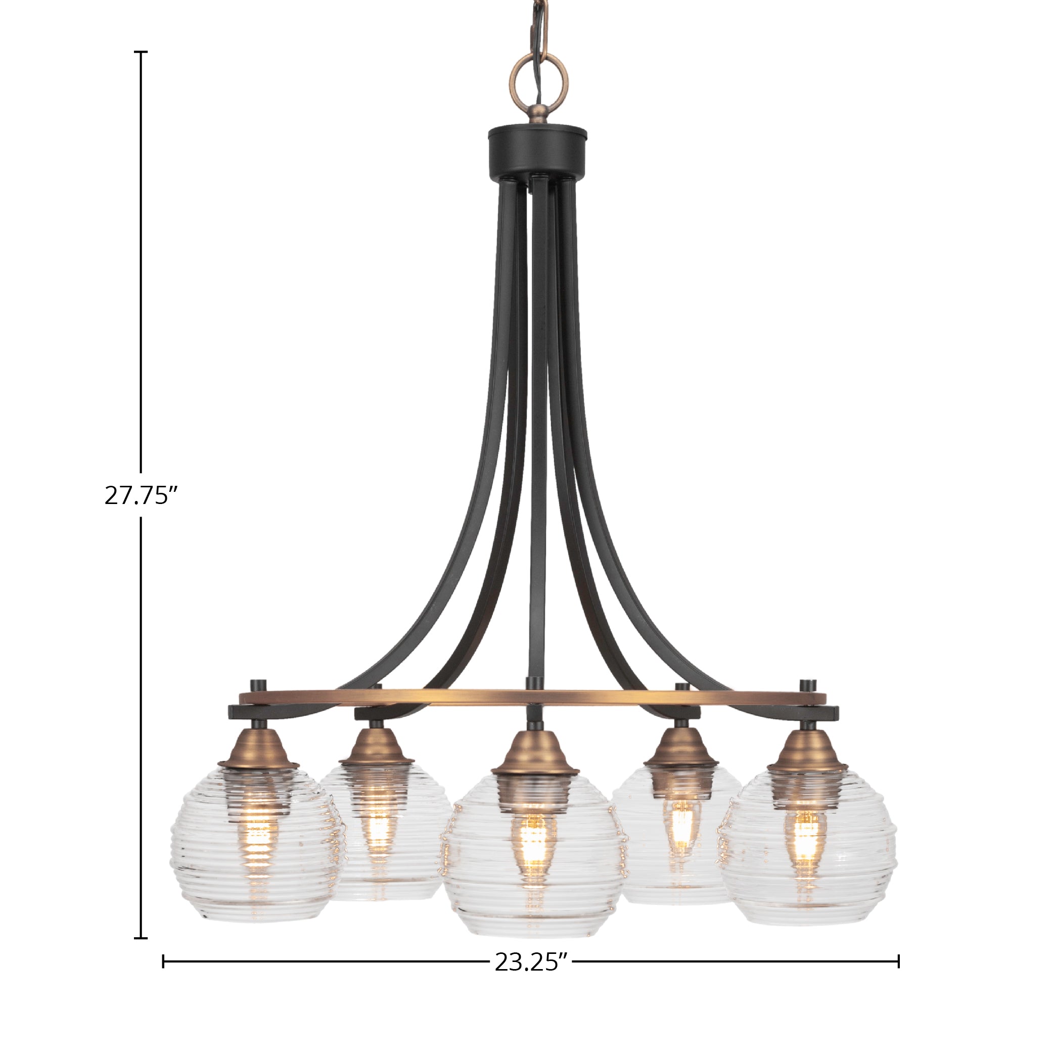 Paramount Five Light Chandelier in Matte Black & Brass with 6" Clear Ribbed Shade