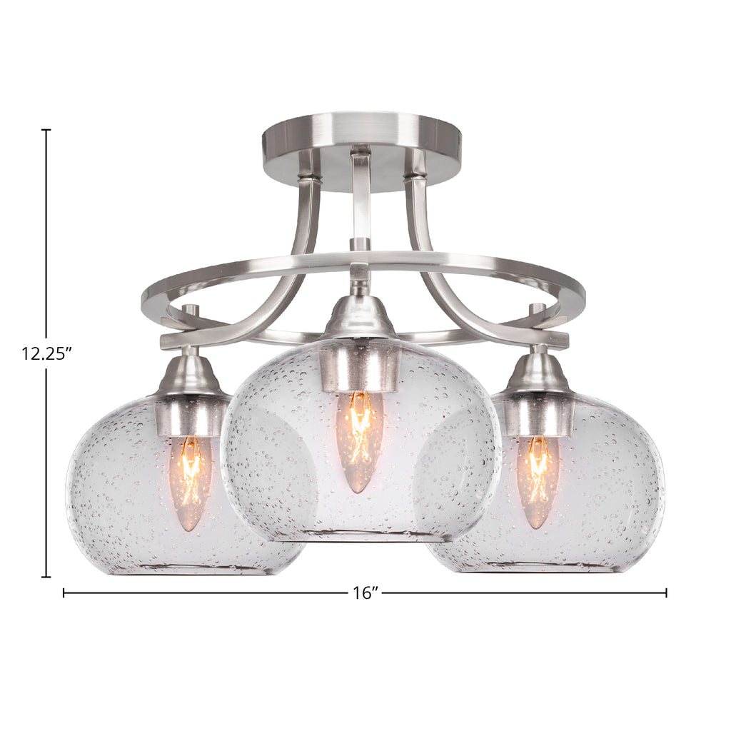 Paramount Three Light Semi-Flush Mount in Brushed Nickel with 7" Clear Bubble Shade