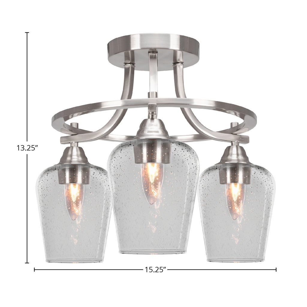 Paramount Three Light Semi-Flush Mount in Brushed Nickel with 5" Clear Bubble Shade