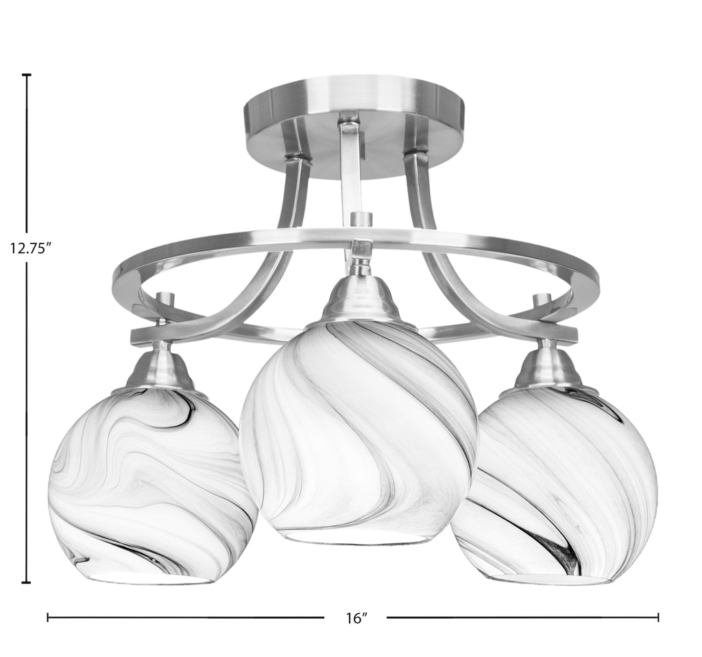Paramount Three Light Semi-Flush Mount in Brushed Nickel with 5.75" Onyx Swirl Shade
