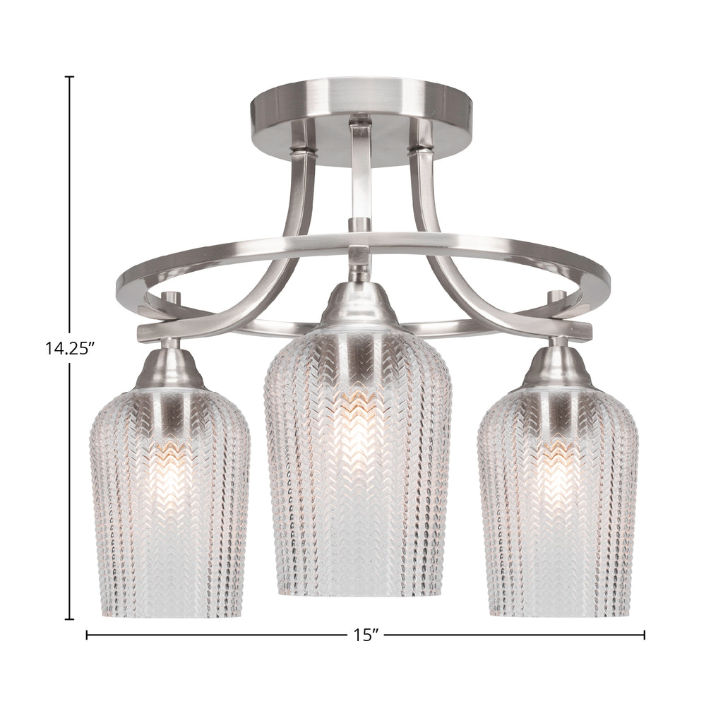 Paramount Three Light Semi-Flush Mount in Brushed Nickel with 5" Clear Textured Shade