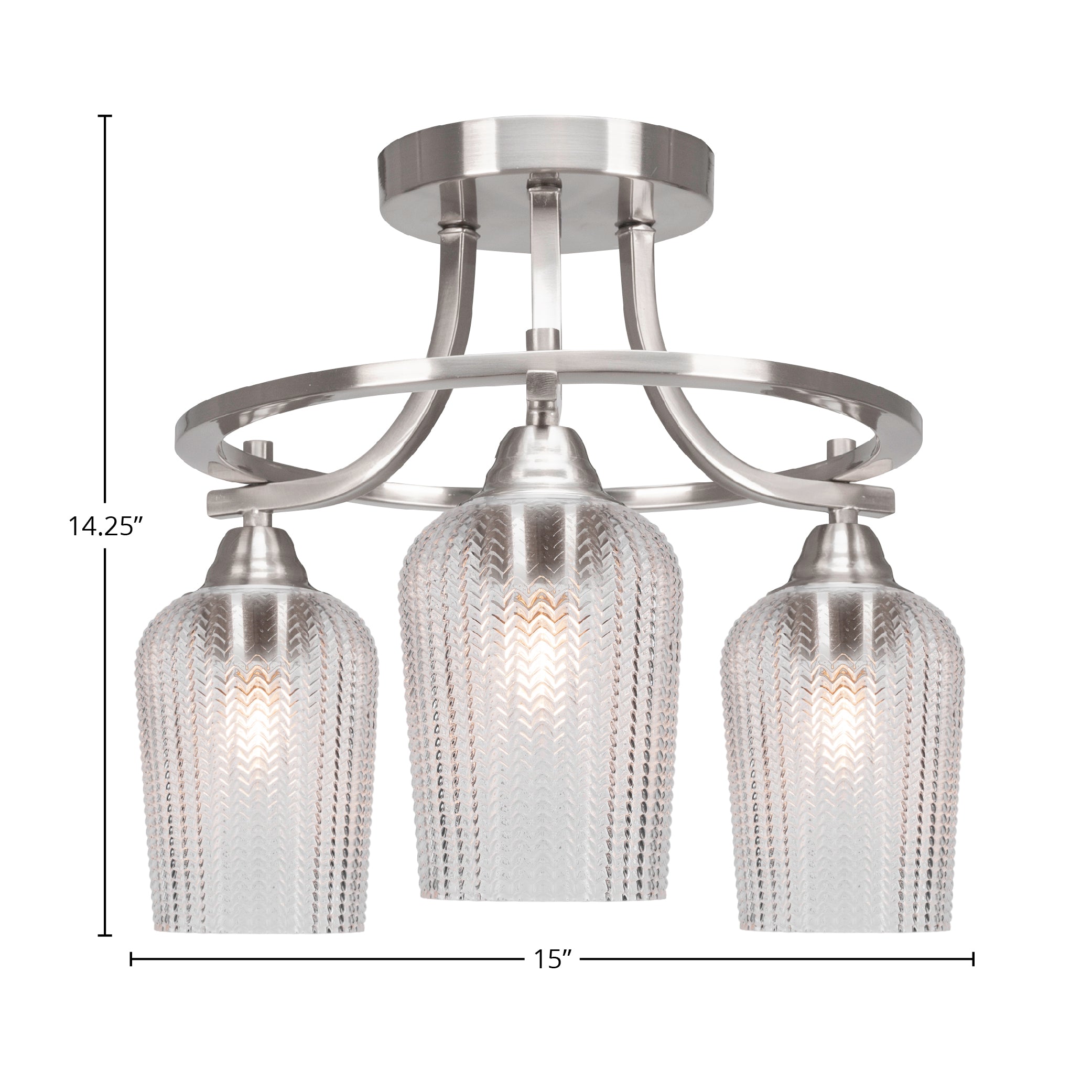 Paramount Three Light Semi-Flush Mount in Brushed Nickel with 5" Clear Textured Shade