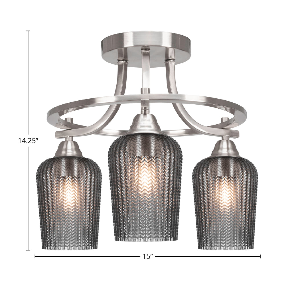 Paramount Three Light Semi-Flush Mount in Brushed Nickel with 5" Smoke Textured Shade