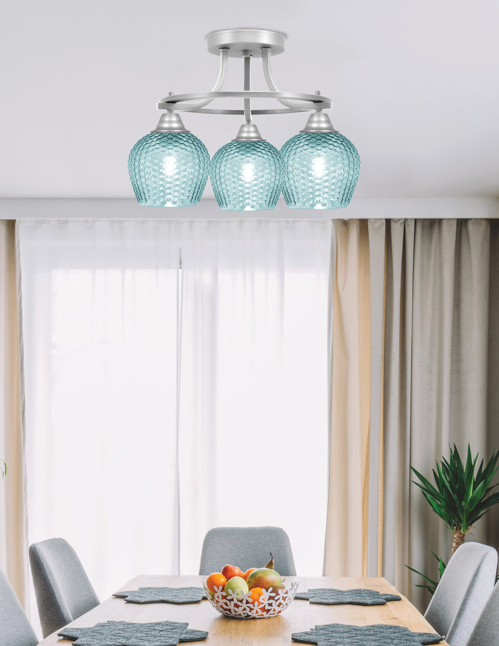 Paramount Three Light Semi-Flush Mount in Brushed Nickel with Turquoise Textured Shade