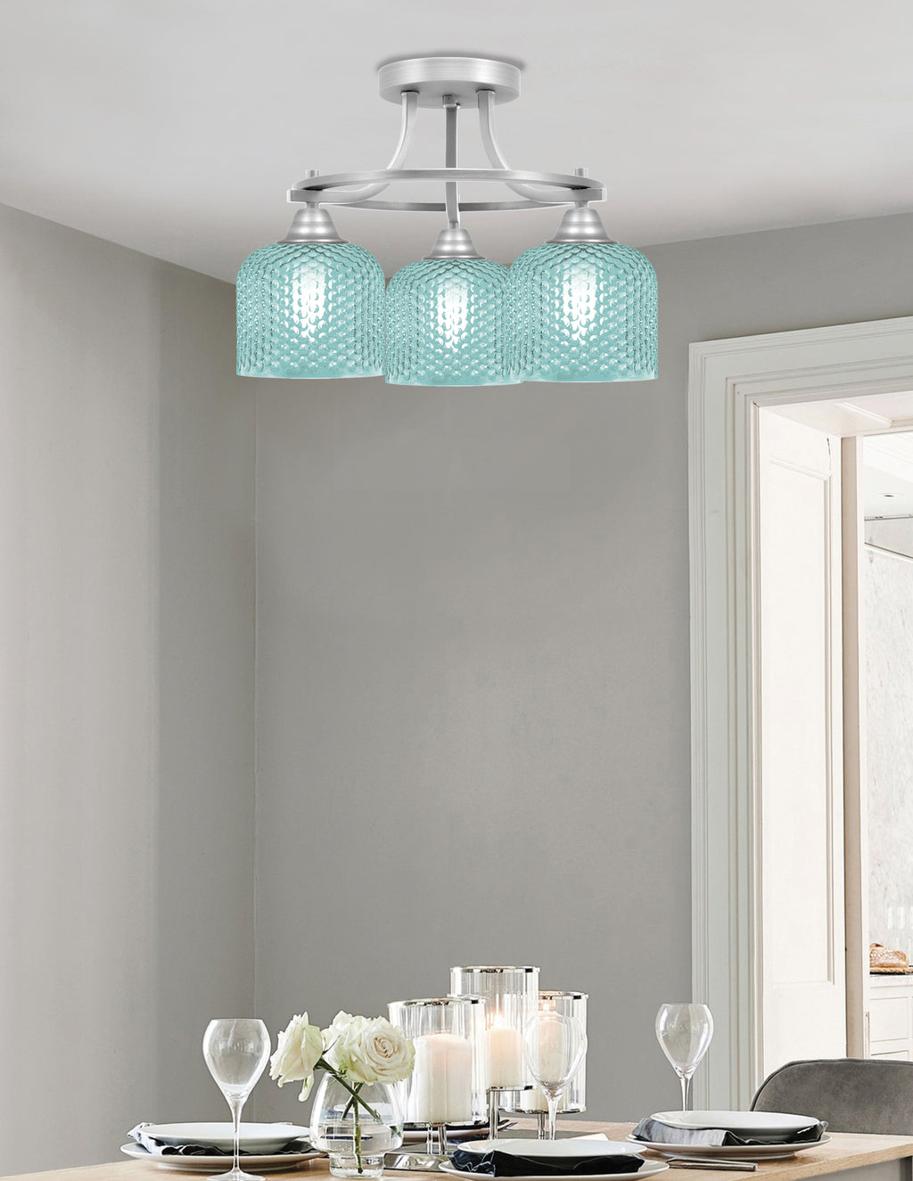 Paramount Three Light Semi-Flush Mount in Brushed Nickel with Turquoise Textured Shade