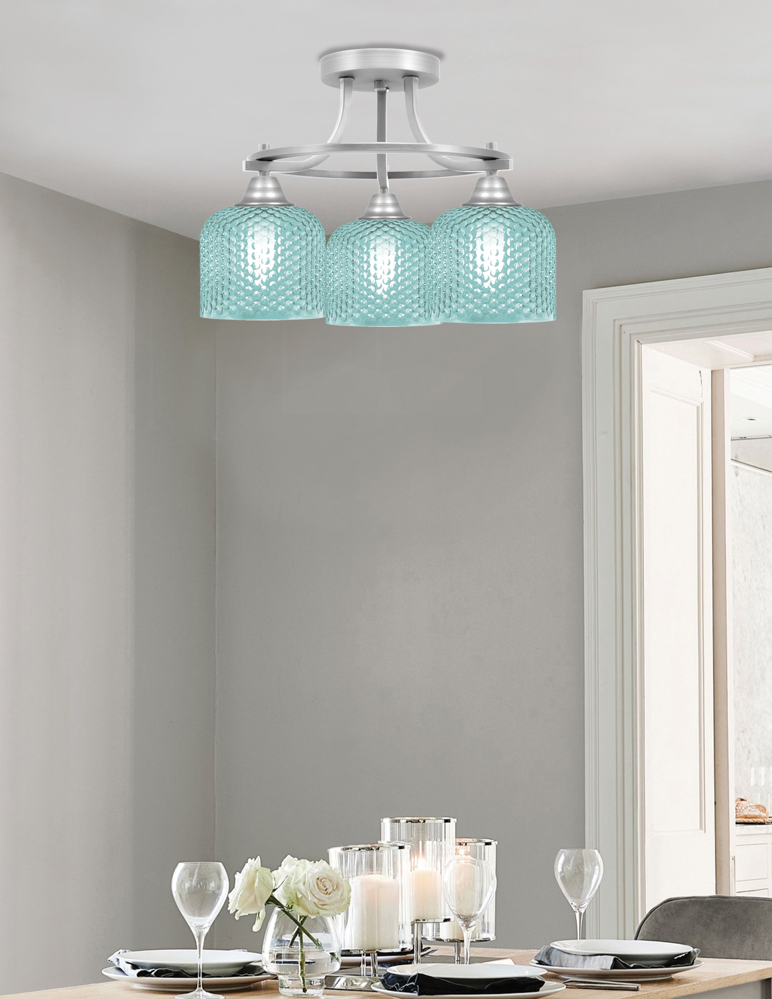 Paramount Three Light Semi-Flush Mount in Brushed Nickel with Turquoise Textured Shade