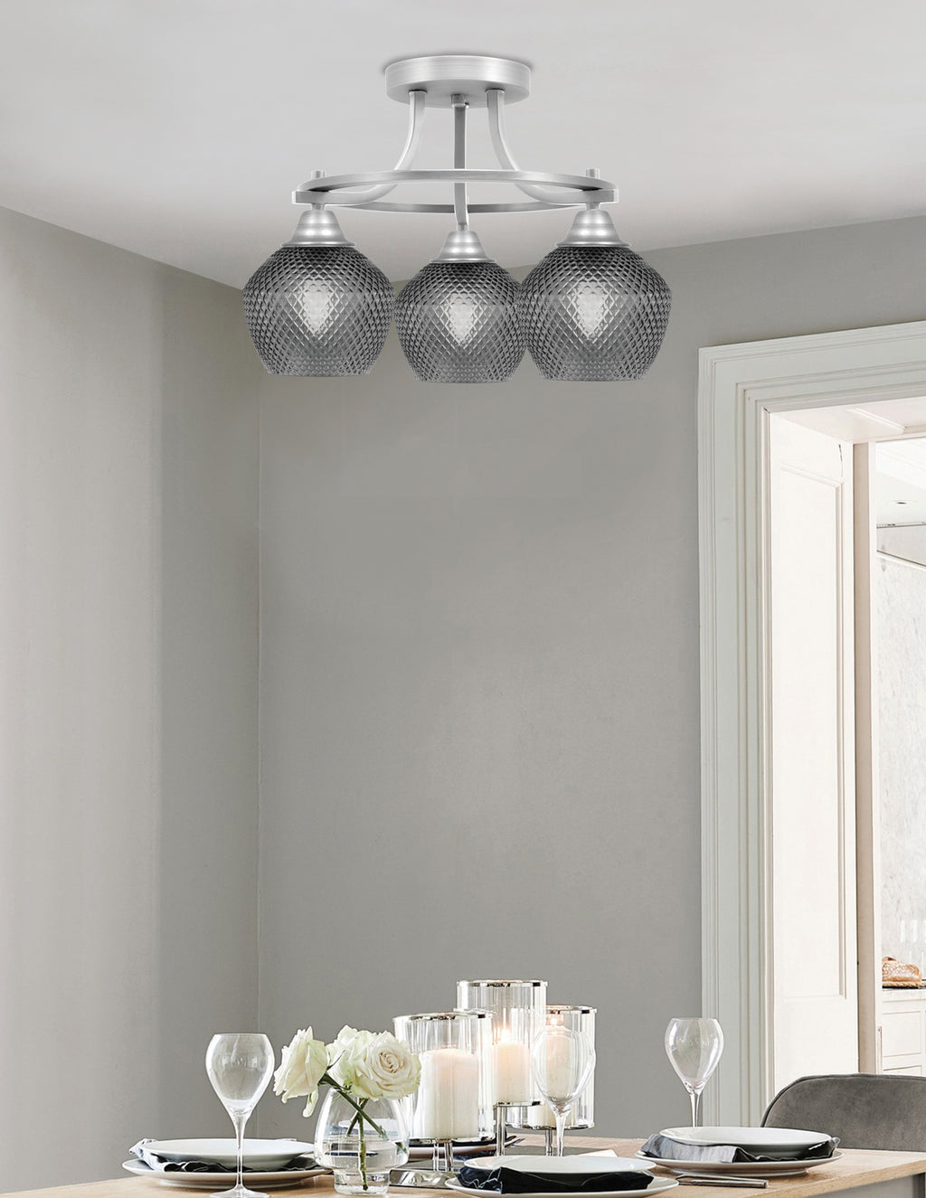 Paramount Three Light Semi-Flush Mount in Brushed Nickel with Smoke Textured Shade