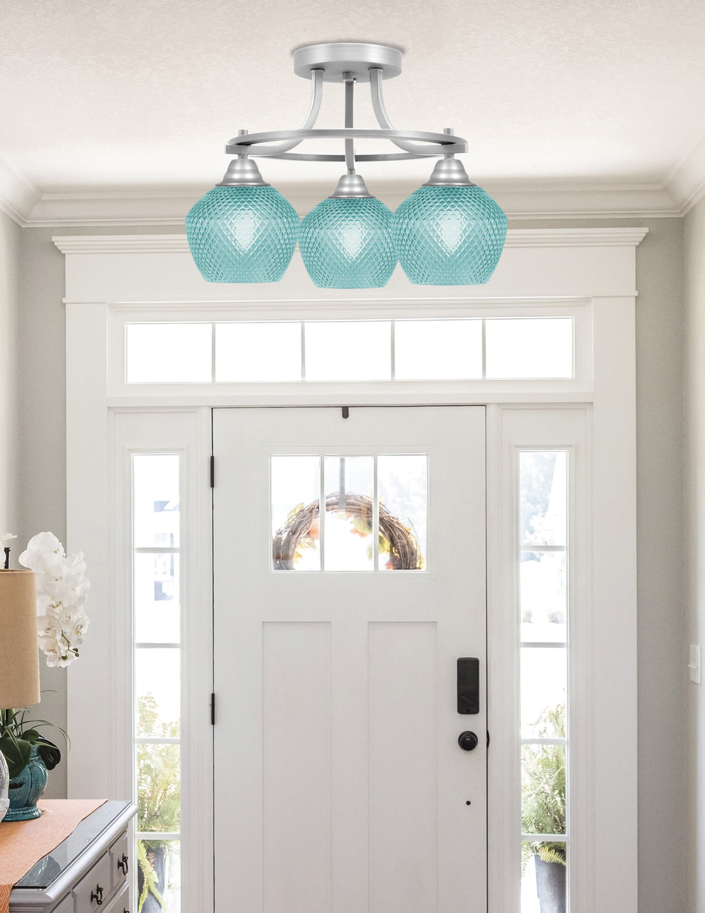 Paramount Three Light Semi-Flush Mount in Brushed Nickel with Turquoise Textured Shade