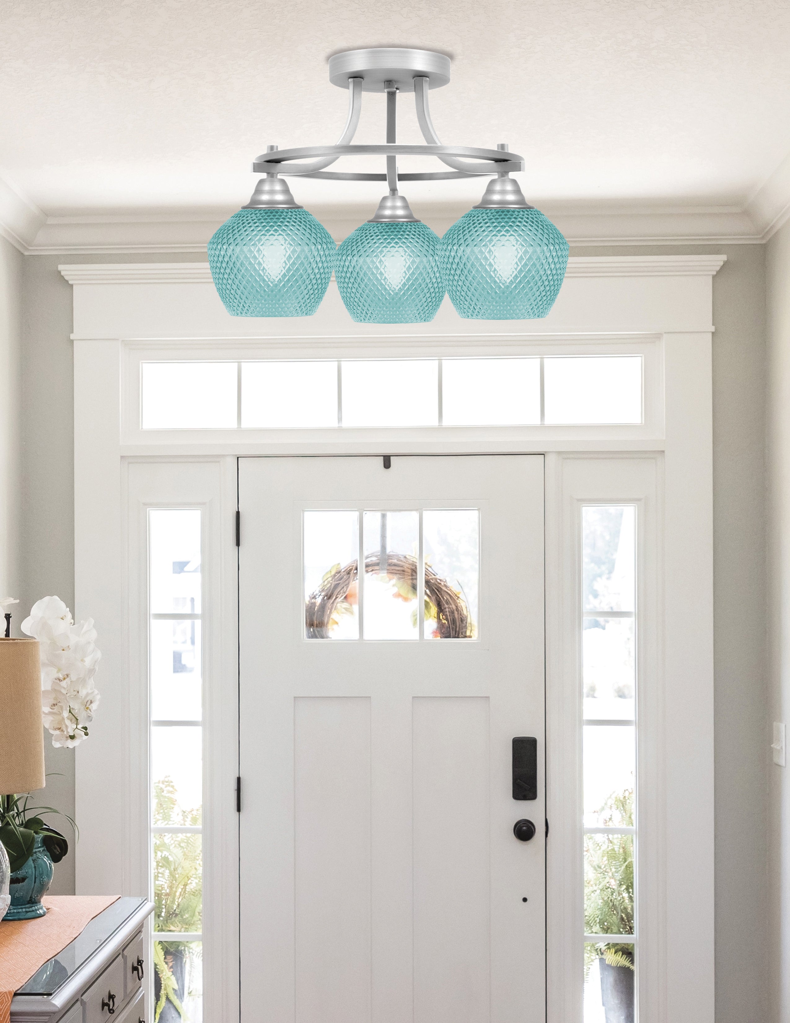 Paramount Three Light Semi-Flush Mount in Brushed Nickel with Turquoise Textured Shade
