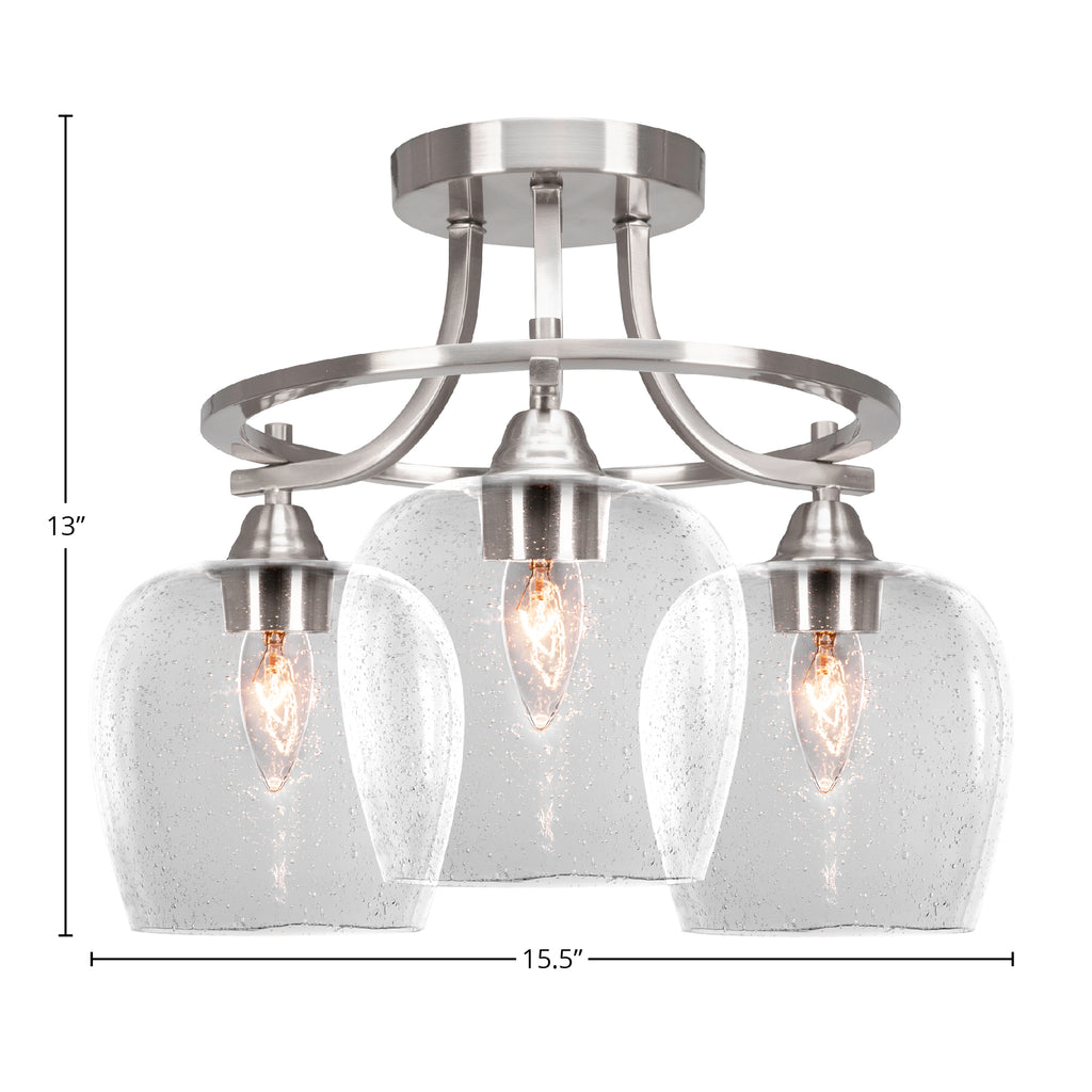 Paramount Three Light Semi-Flush Mount in Brushed Nickel with 6" Clear Bubble Shade