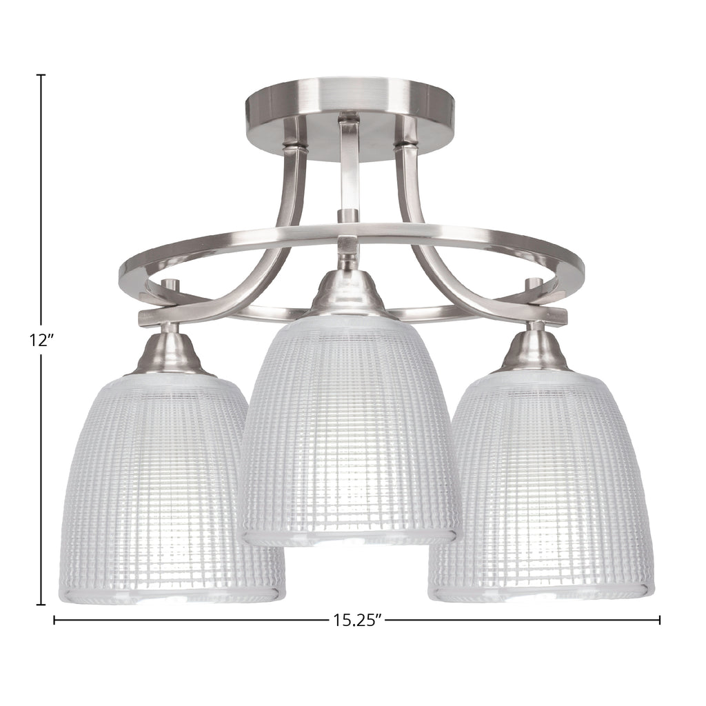 Paramount Three Light Semi-Flush Mount in Brushed Nickel with 5" Clear Ribbed Shade