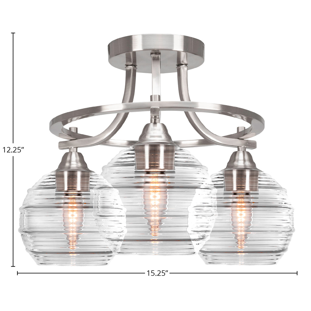 Paramount Three Light Semi-Flush Mount in Brushed Nickel with 6" Clear Ribbed Shade