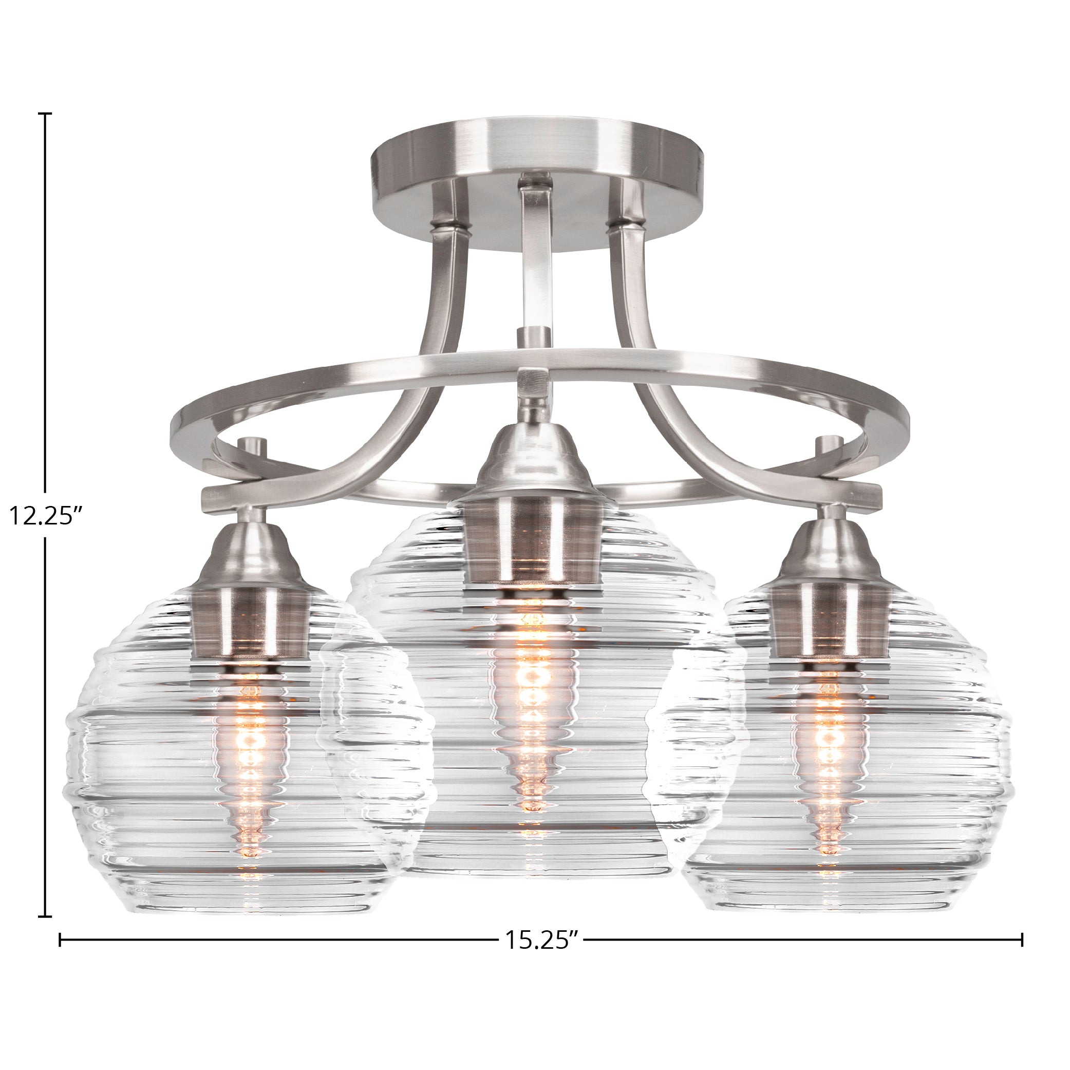 Paramount Three Light Semi-Flush Mount in Brushed Nickel with 6" Clear Ribbed Shade