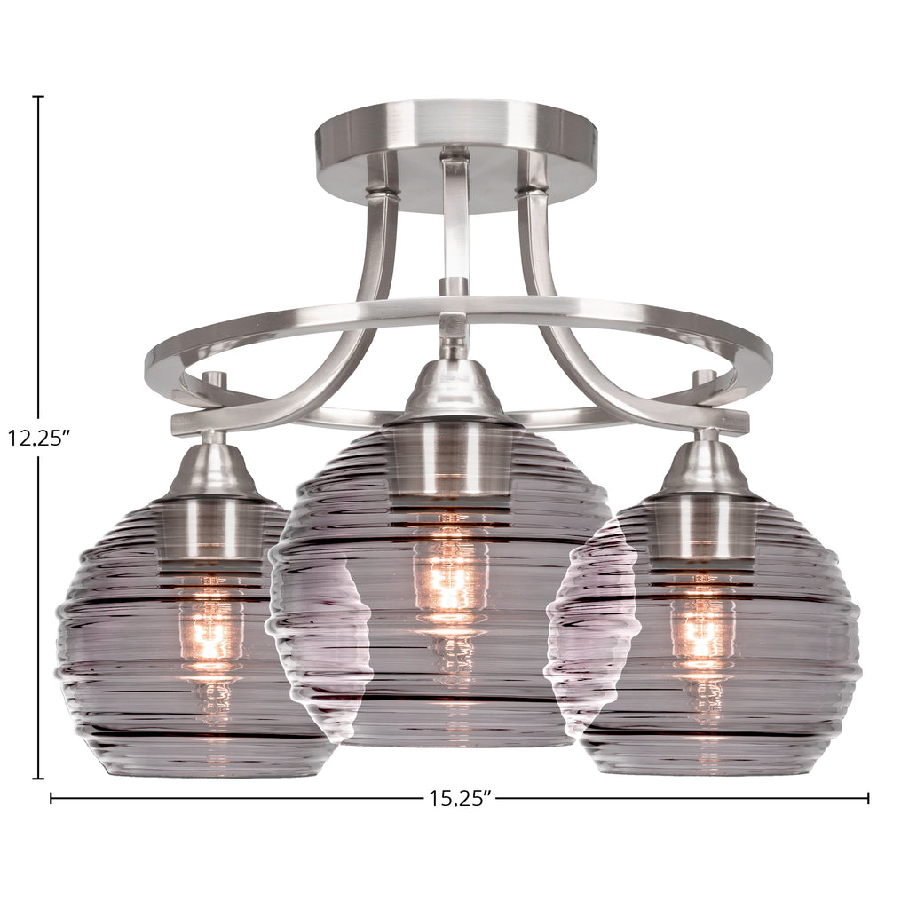 Paramount Three Light Semi-Flush Mount in Brushed Nickel with 6" Smoke Ribbed Shade