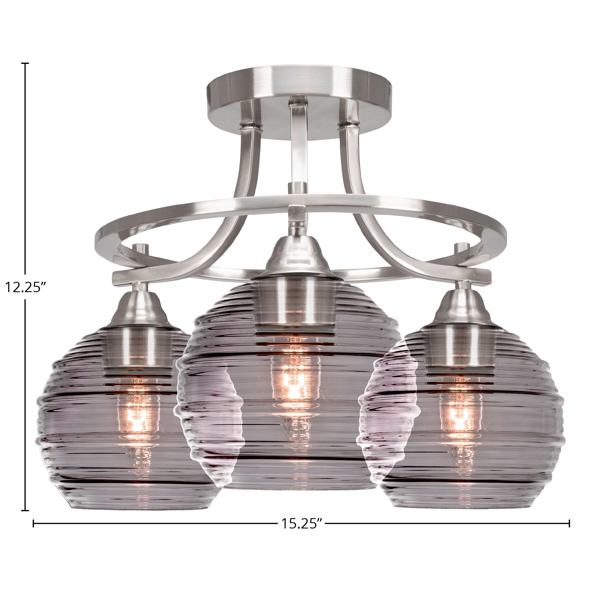 Paramount Three Light Semi-Flush Mount in Brushed Nickel with 6" Smoke Ribbed Shade