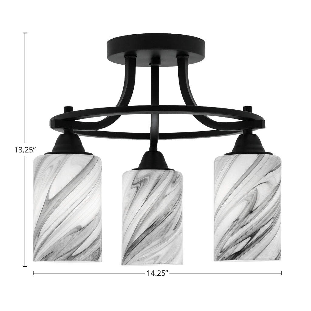 Paramount Three Light Semi-Flush Mount in Matte Black with 4" Onyx Swirl Shade