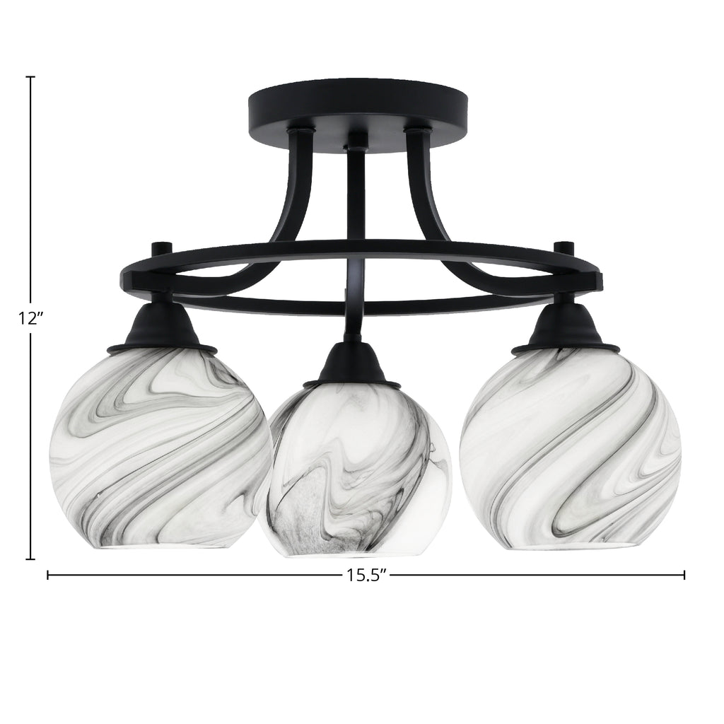 Paramount Three Light Semi-Flush Mount in Matte Black with 5.75" Onyx Swirl Shade