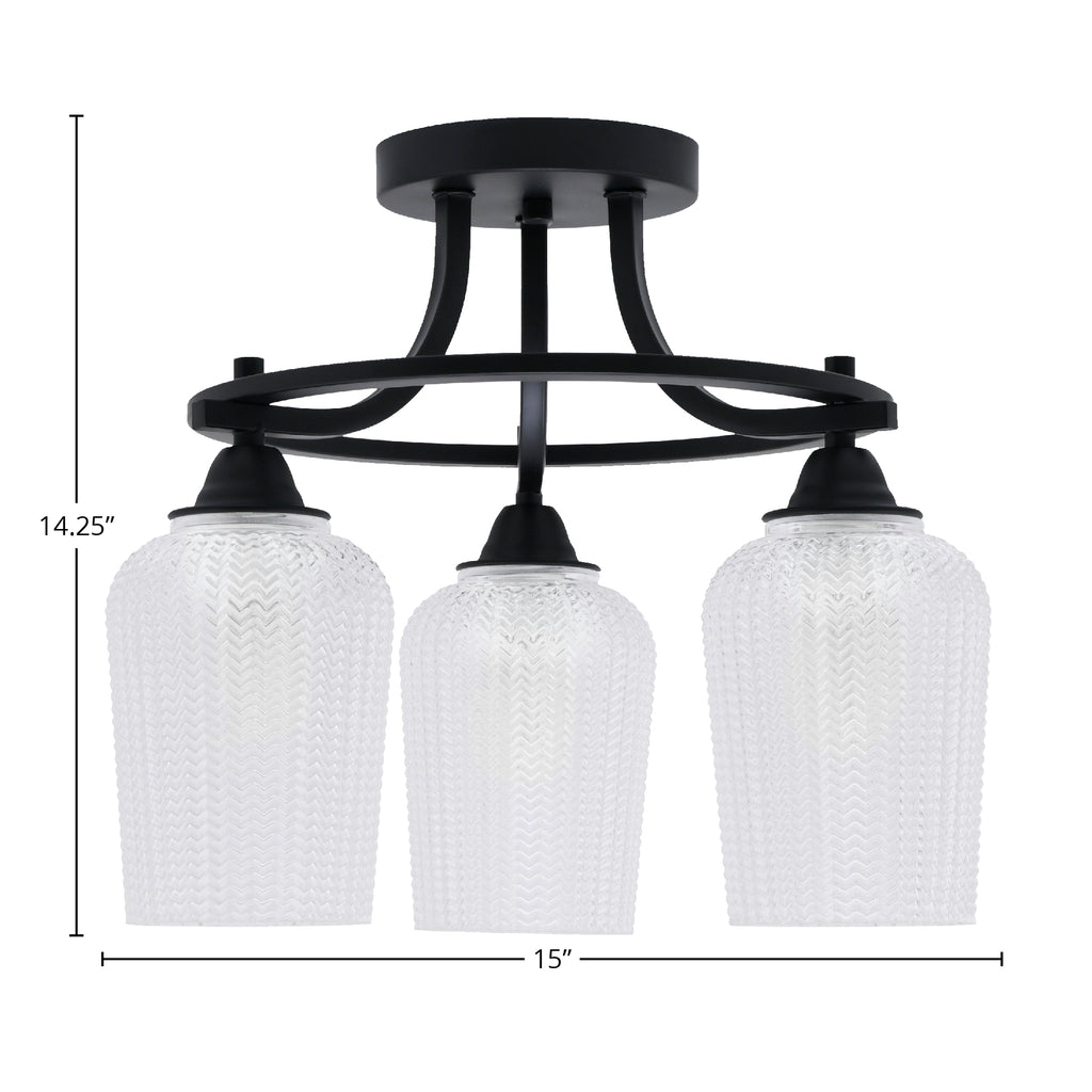 Paramount Three Light Semi-Flush Mount in Matte Black with 5" Clear Textured Shade