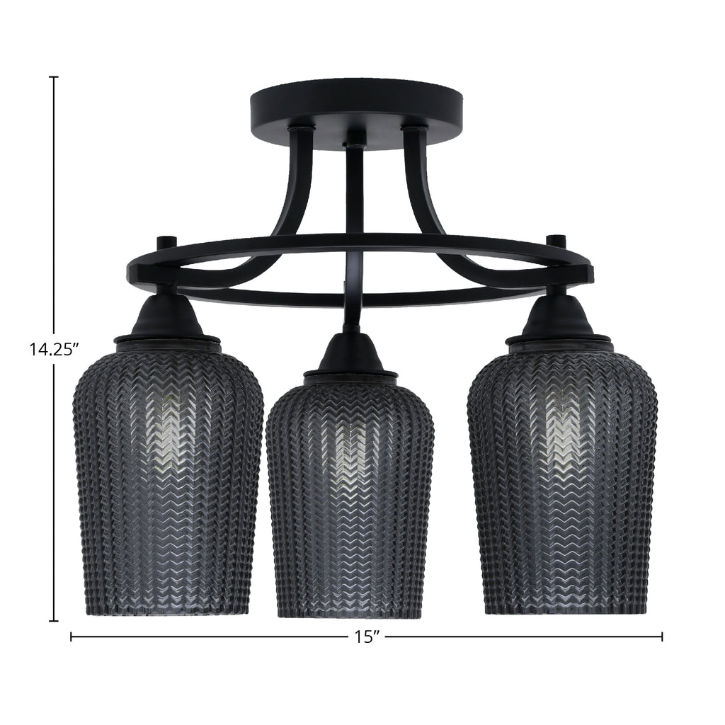 Paramount Three Light Semi-Flush Mount in Matte Black with 5" Smoke Textured Shade