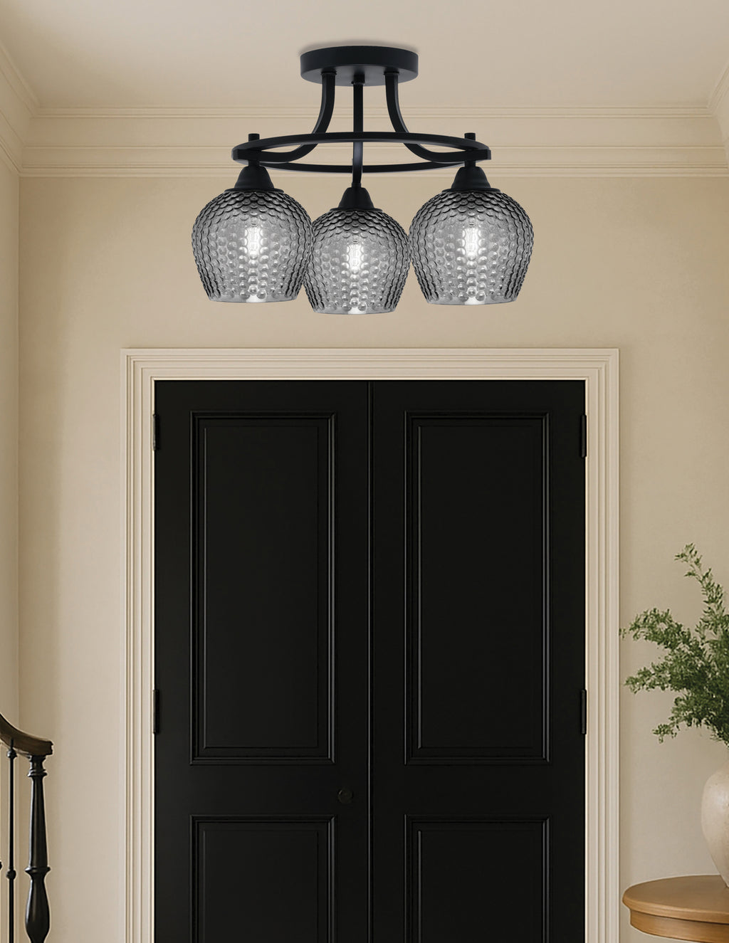 Paramount Three Light Semi-Flush Mount in Matte Black with Smoke Textured Shade
