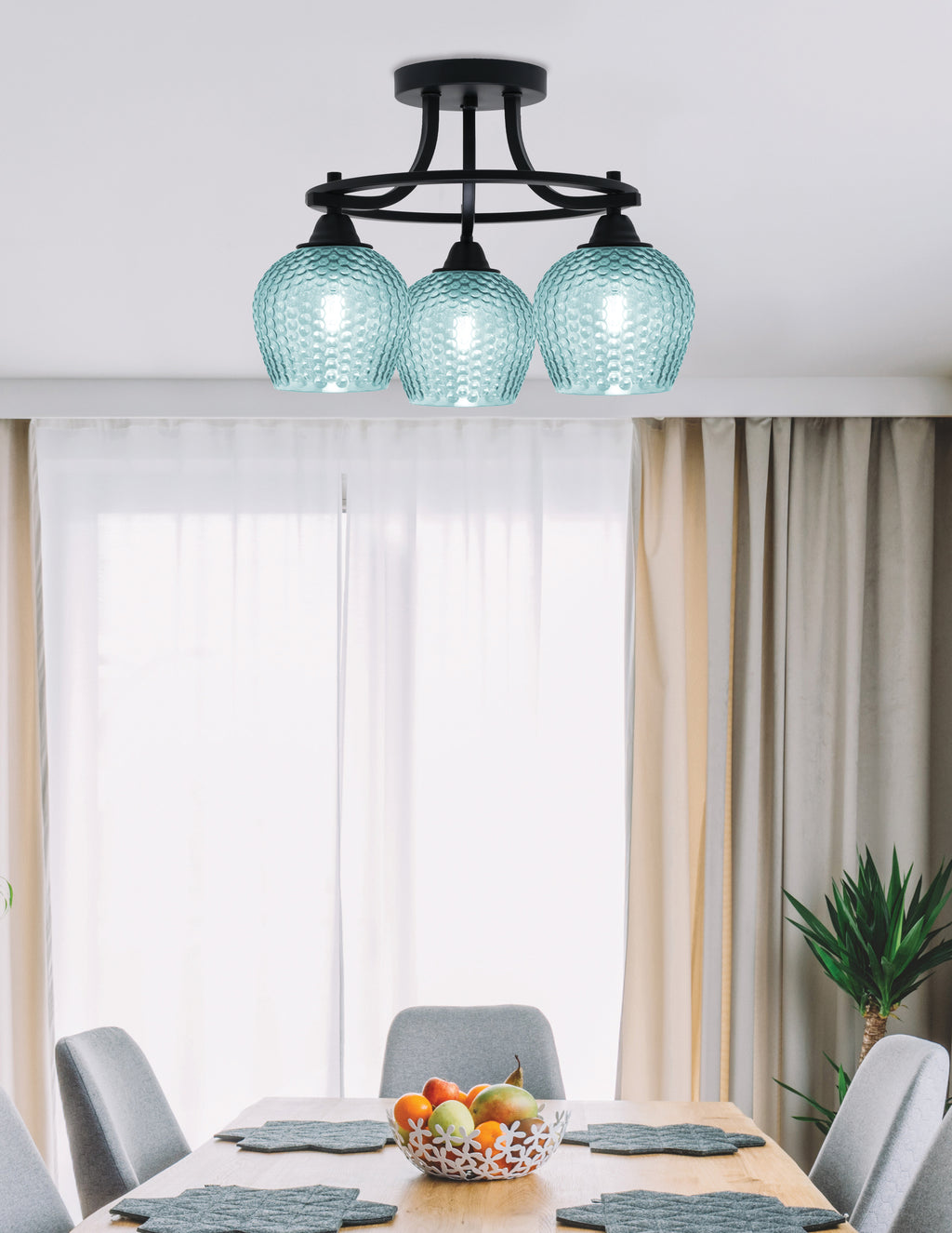 Paramount Three Light Semi-Flush Mount in Matte Black with Turquoise Textured Shade