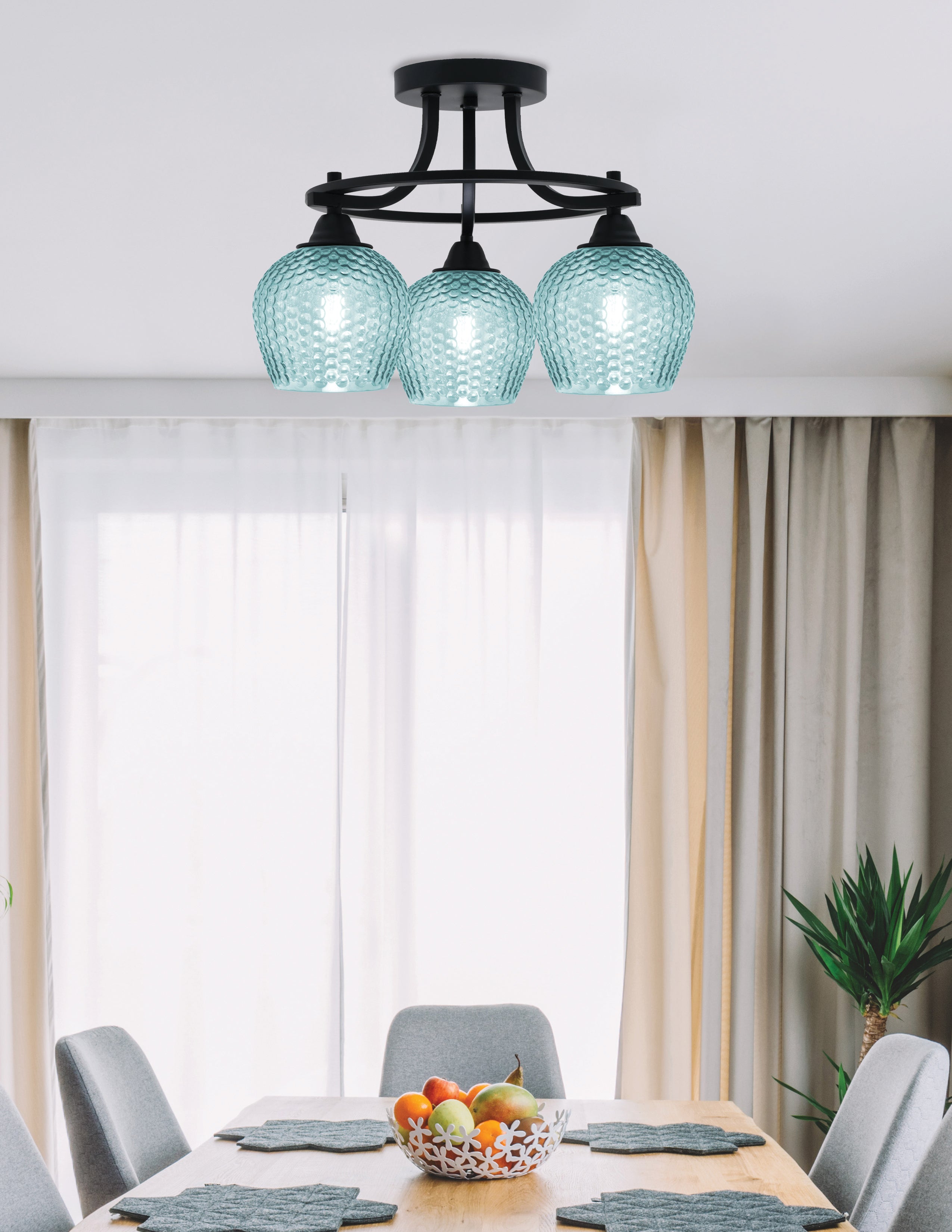 Paramount Three Light Semi-Flush Mount in Matte Black with Turquoise Textured Shade