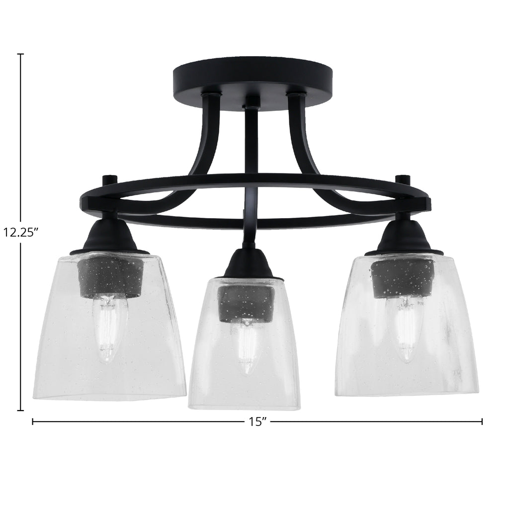 Paramount Three Light Semi-Flush Mount in Matte Black with 4.5" Square Clear Bubble Shade