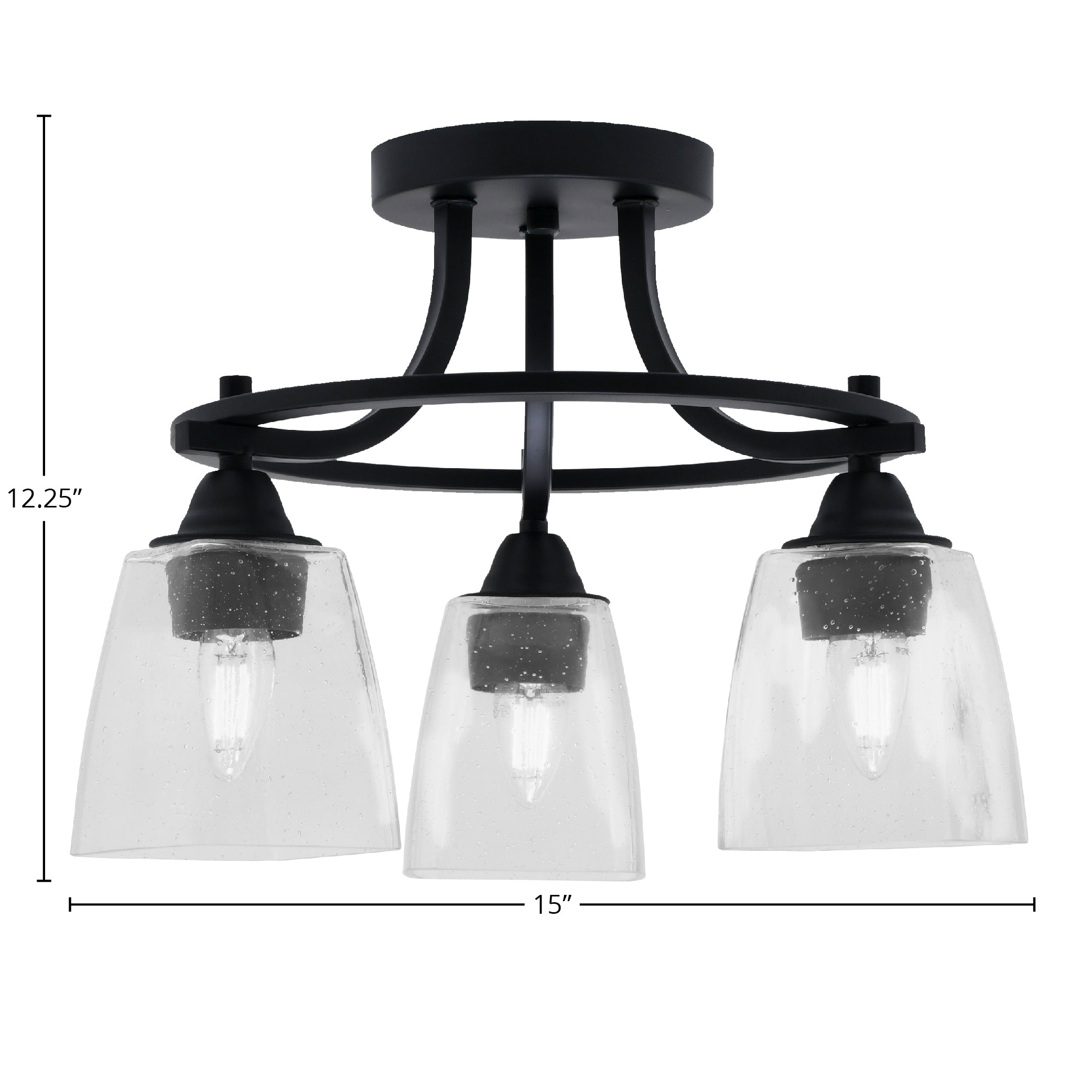 Paramount Three Light Semi-Flush Mount in Matte Black with 4.5" Square Clear Bubble Shade