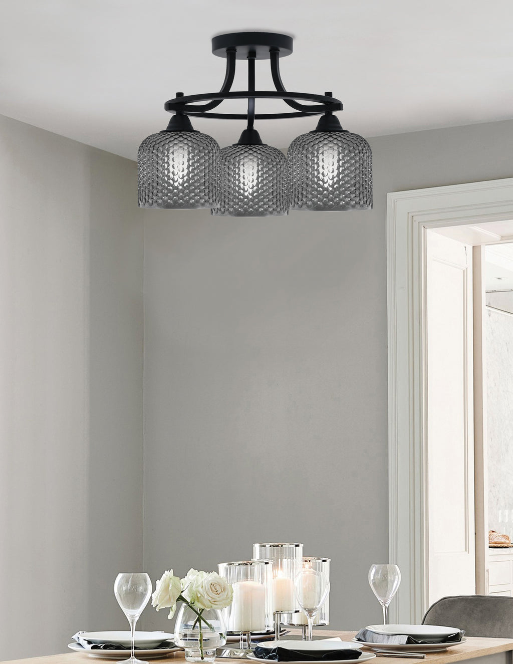 Paramount Three Light Semi-Flush Mount in Matte Black with Smoke Textured Shade
