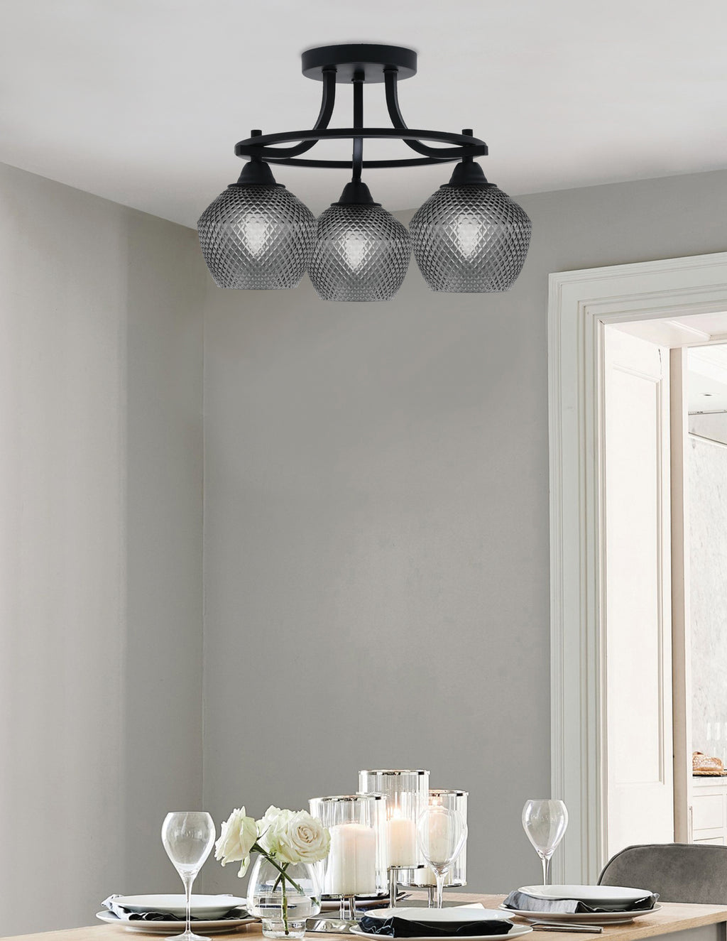 Paramount Three Light Semi-Flush Mount in Matte Black with Smoke Textured Shade