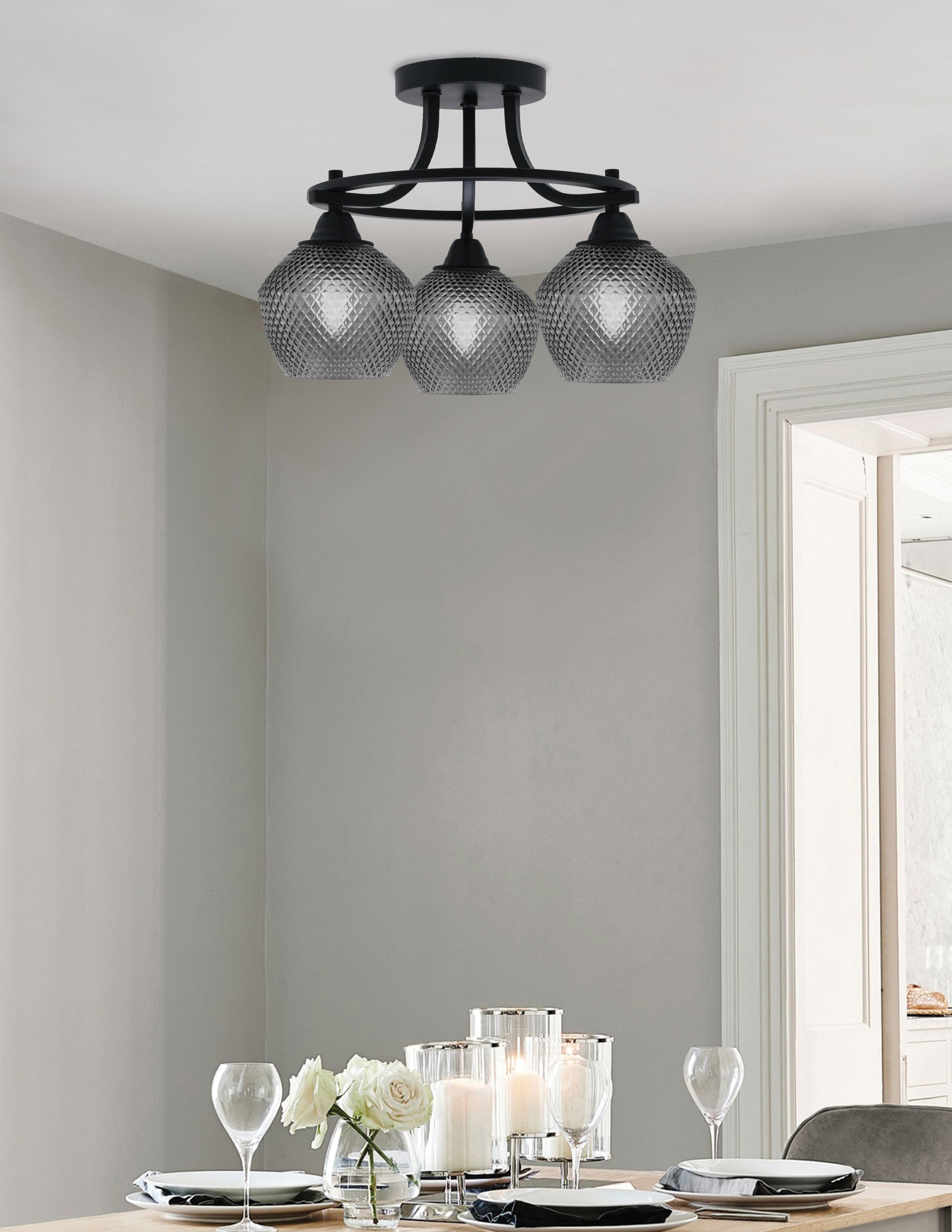 Paramount Three Light Semi-Flush Mount in Matte Black with Smoke Textured Shade