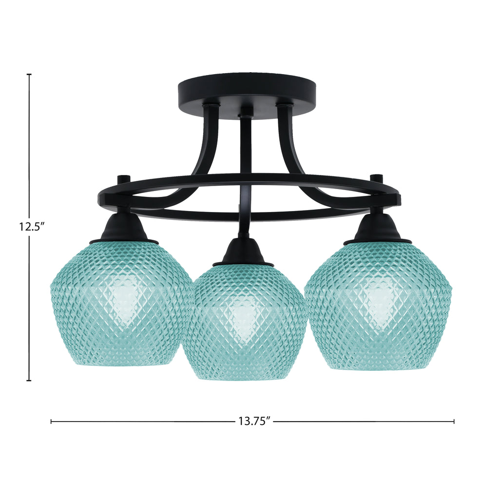 Paramount Three Light Semi-Flush Mount in Matte Black with Turquoise Textured Shade