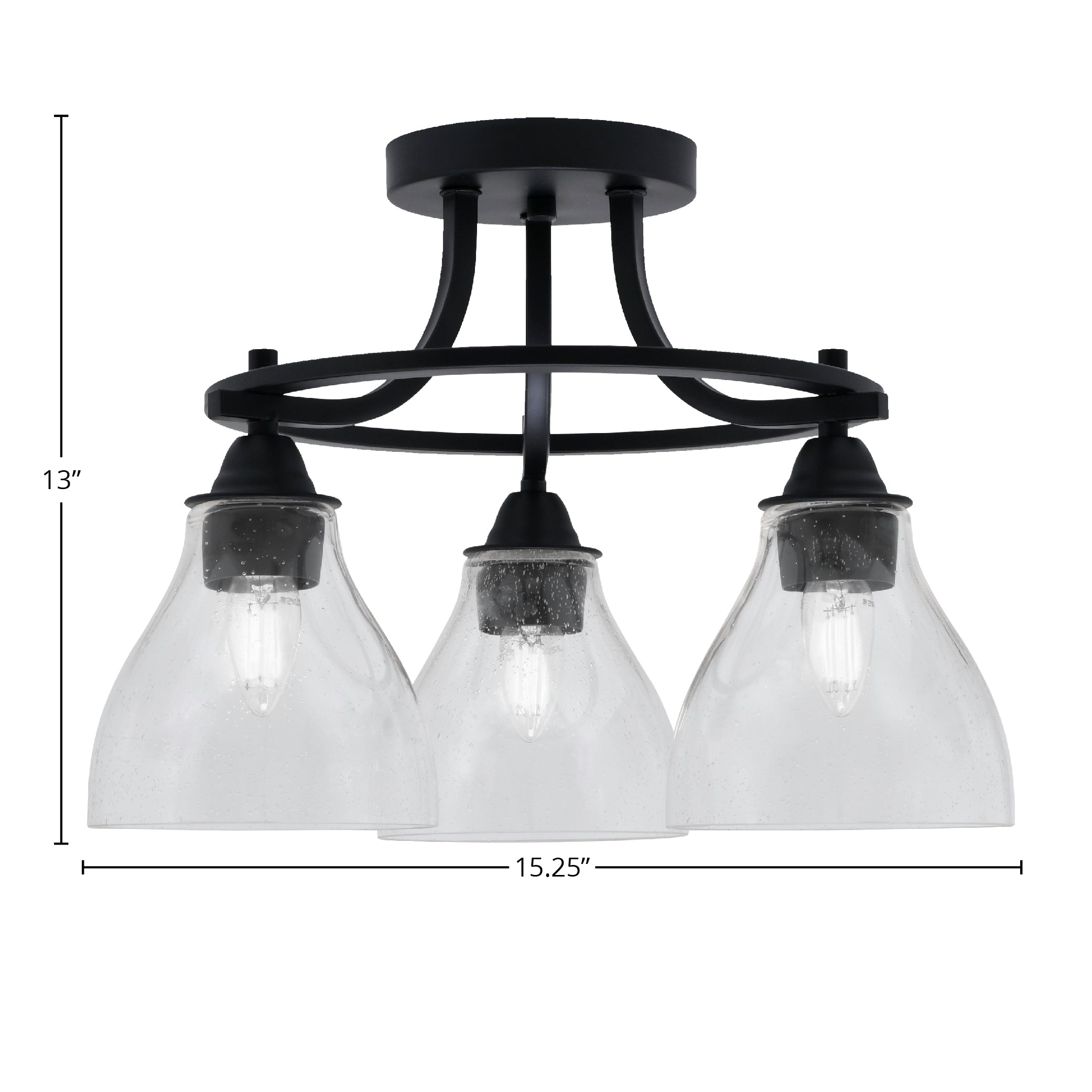 Paramount Three Light Semi-Flush Mount in Matte Black with 6.25" Clear Bubble Shade