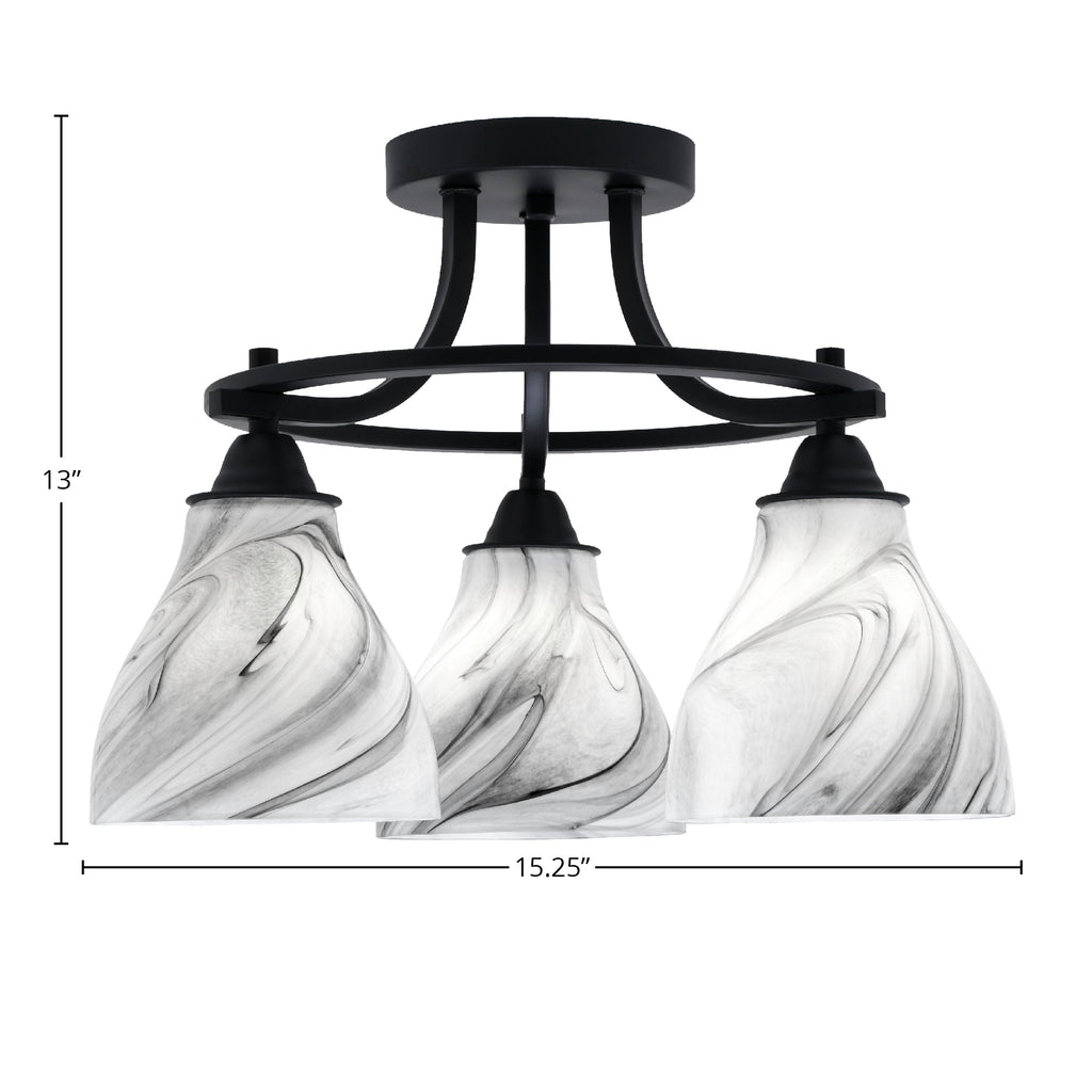 Paramount Three Light Semi-Flush Mount in Matte Black with 6.25" Onyx Swirl Shade