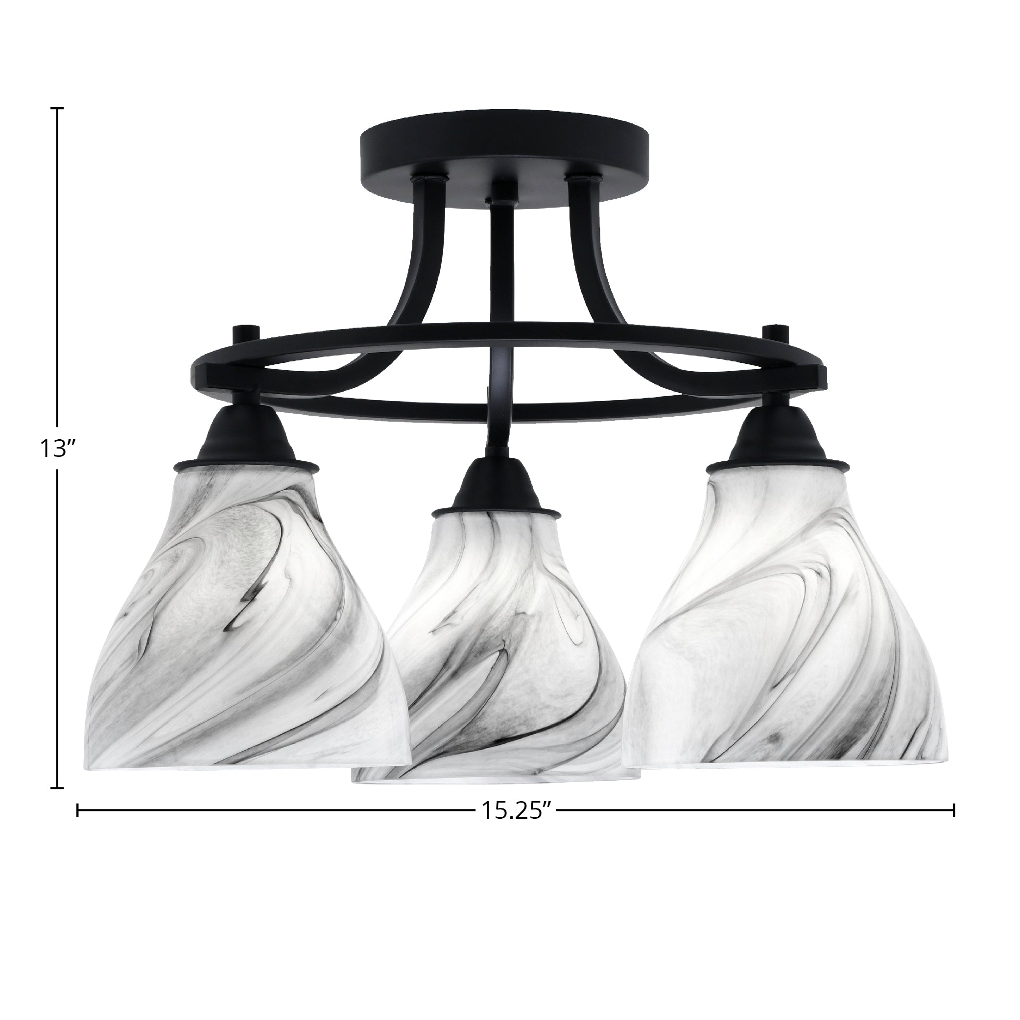 Paramount Three Light Semi-Flush Mount in Matte Black with 6.25" Onyx Swirl Shade