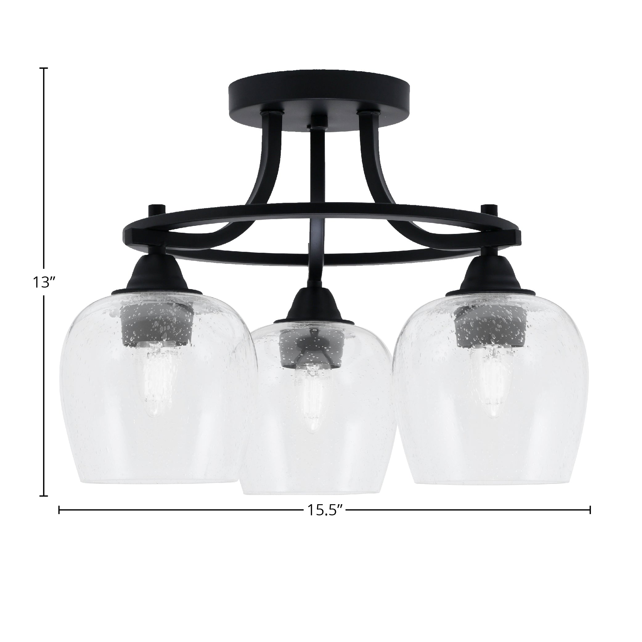 Paramount Three Light Semi-Flush Mount in Matte Black with 6" Clear Bubble Shade