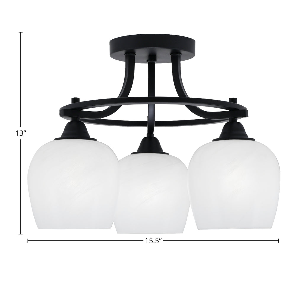 Paramount Three Light Semi-Flush Mount in Matte Black with 6" White Marble Shade